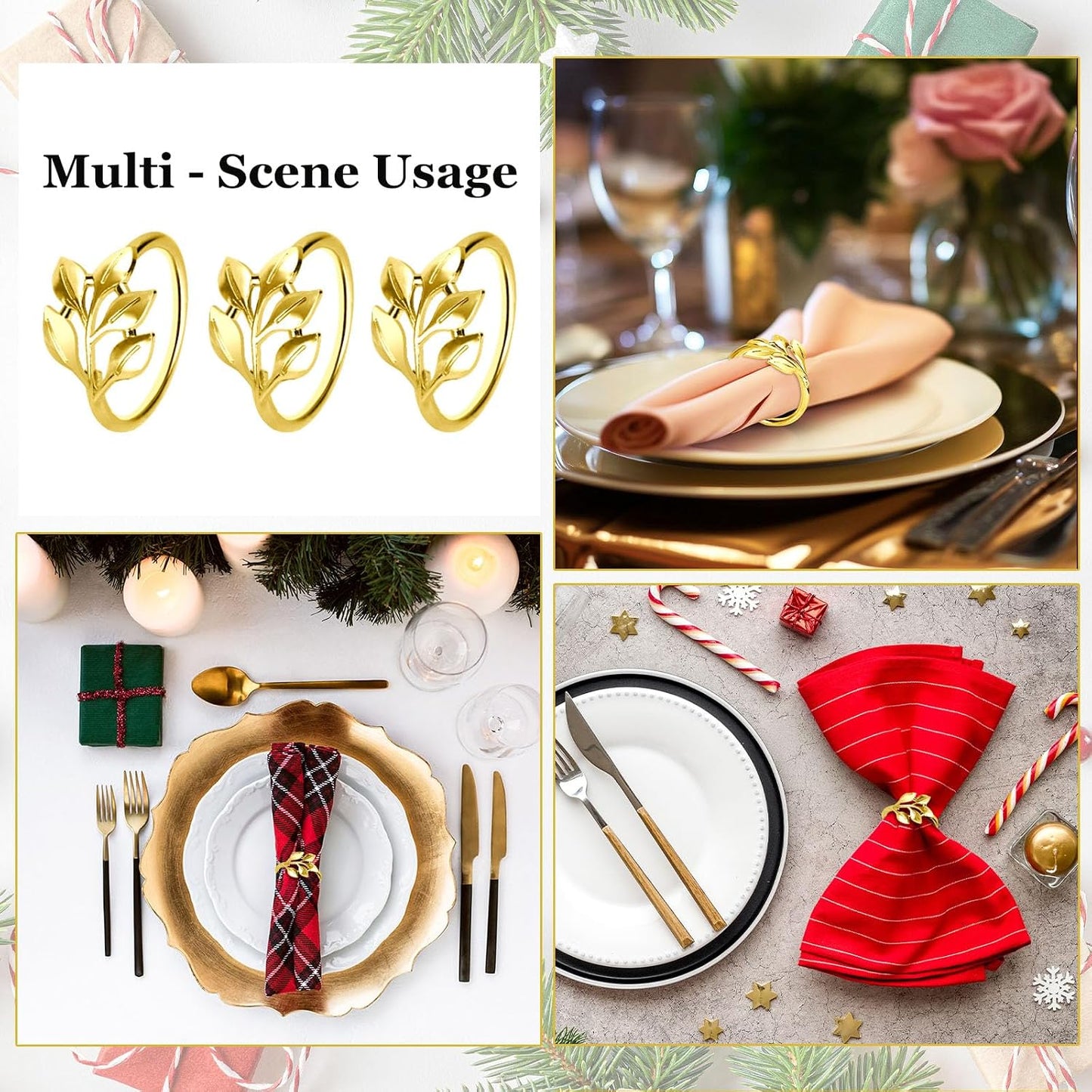 50 Pcs Gold Leaf Napkin Rings Set, Metal Napkin Ring Holders Buckles for Table Decorations, Napkin Holders for Cloth