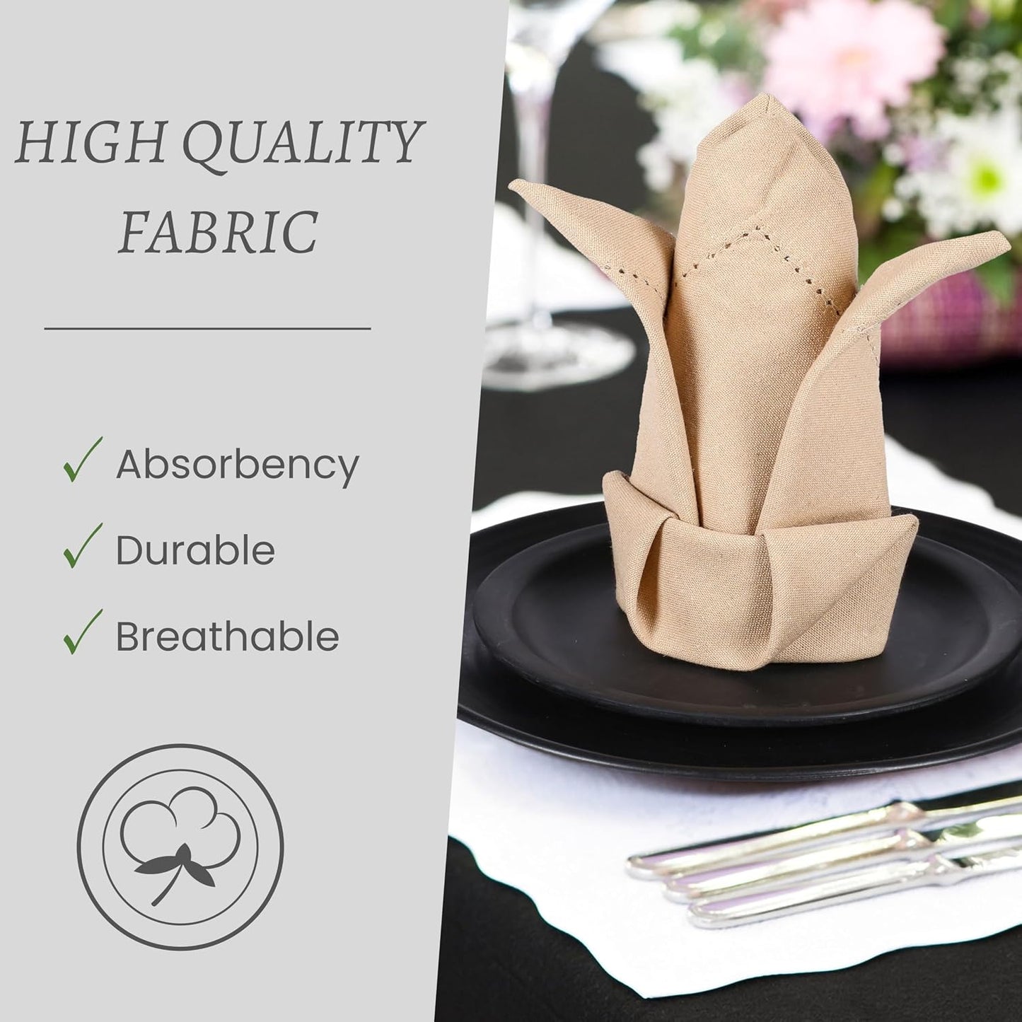 TWINY threads 12Pcs 100% Cotton Cloth Napkins, 18"x18", Reusable, Beige | Hemstitch Dinner Napkins, Absorbent