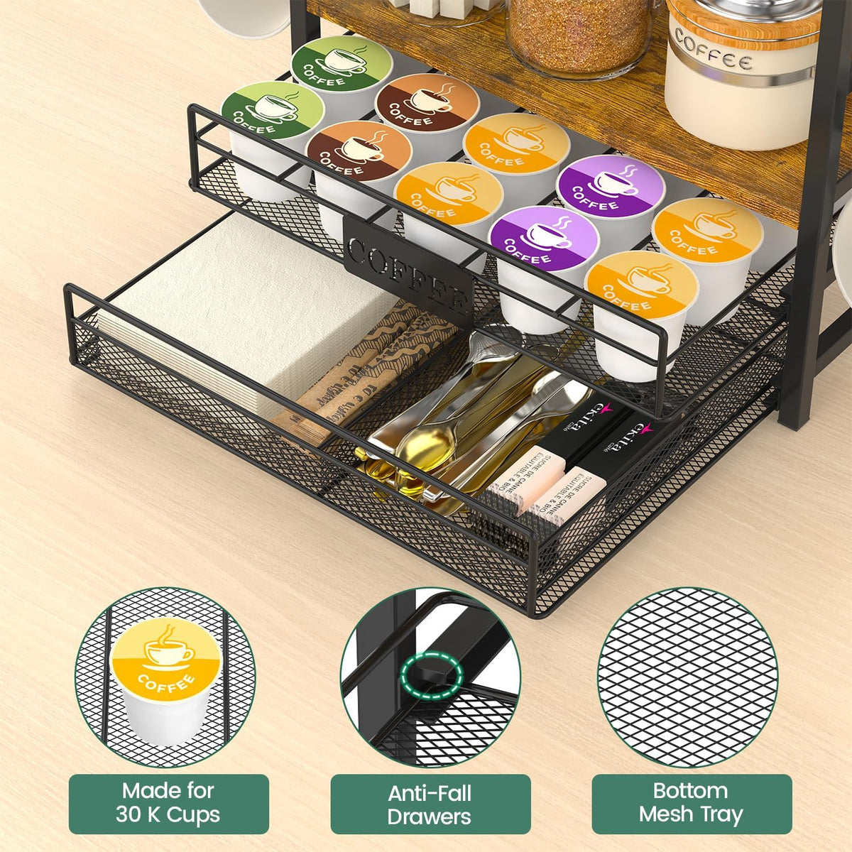 EsLuker.ly Coffee Bar Organizer Station Shelf Mug Holder for Countertop | 4 Tier Mug Holder Stand with 12 Hooks, K Cup