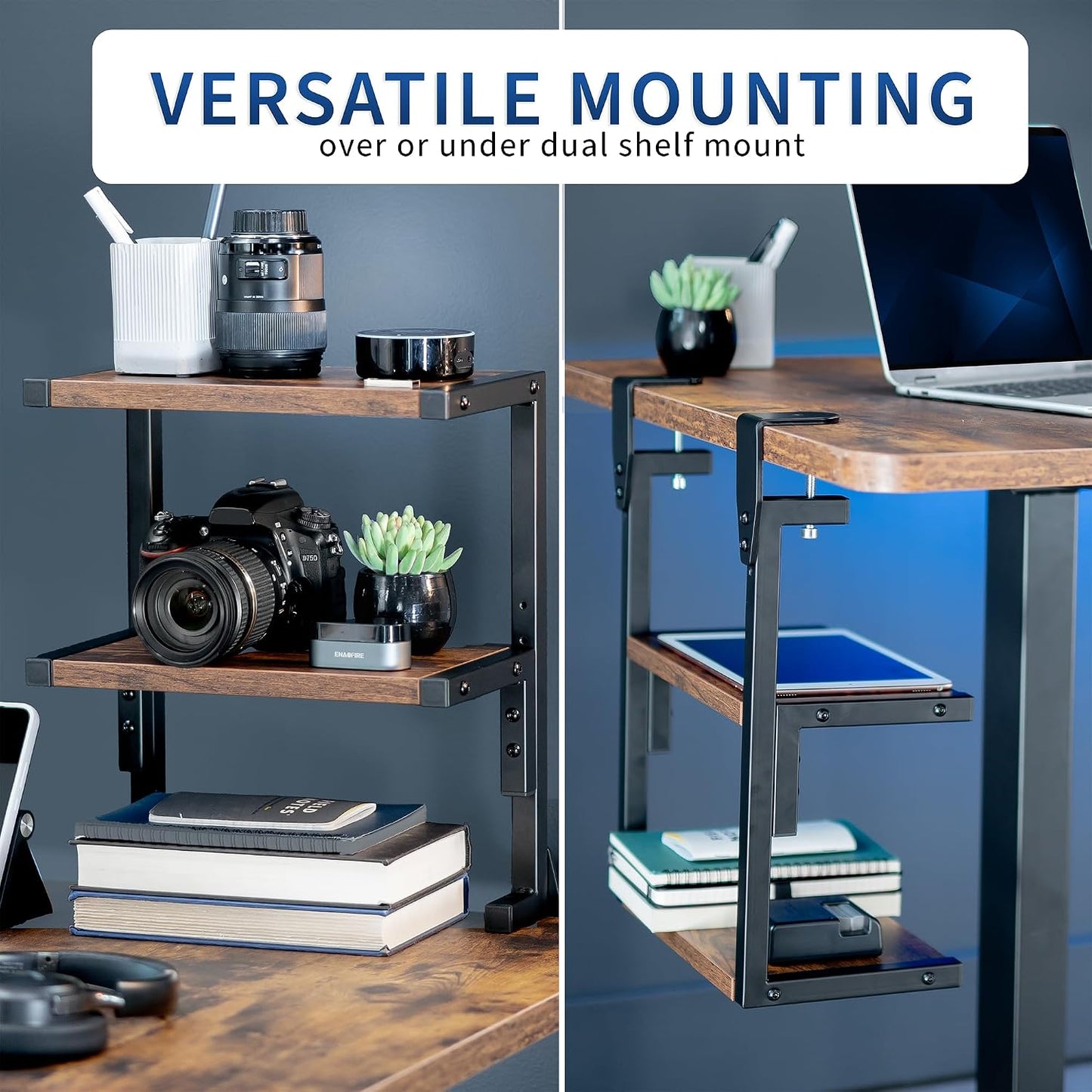 VIVO Vintage Brown Clamp-on 13 inch 2-Tier Desk Shelf, STAND-SHELF2C-N | Above or Below Desk, Rustic 2 Level Shelving