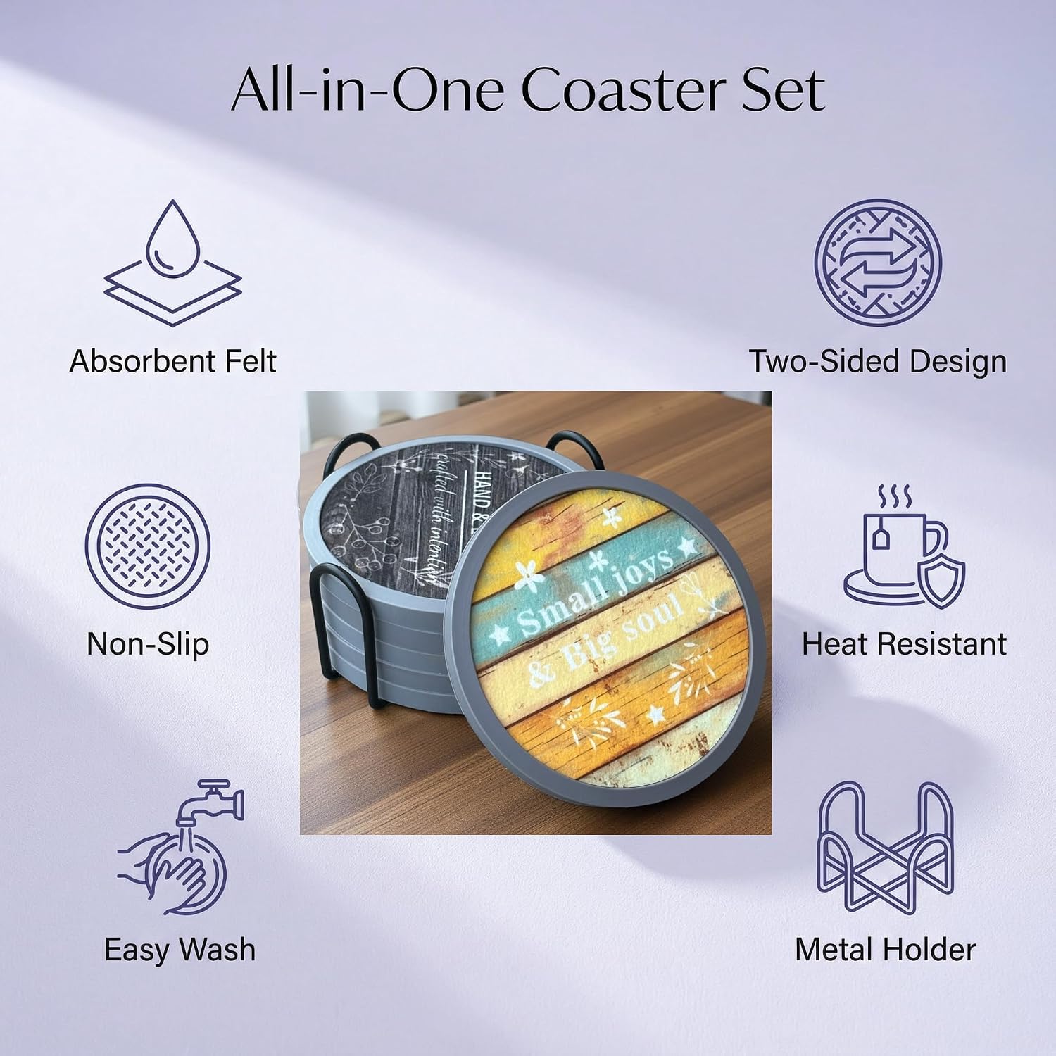Holder / Soft Felt Insert / 4.3 Inch Coasters with 4.5 Inch Holder / Farmhouse Style-02 / Set of 6