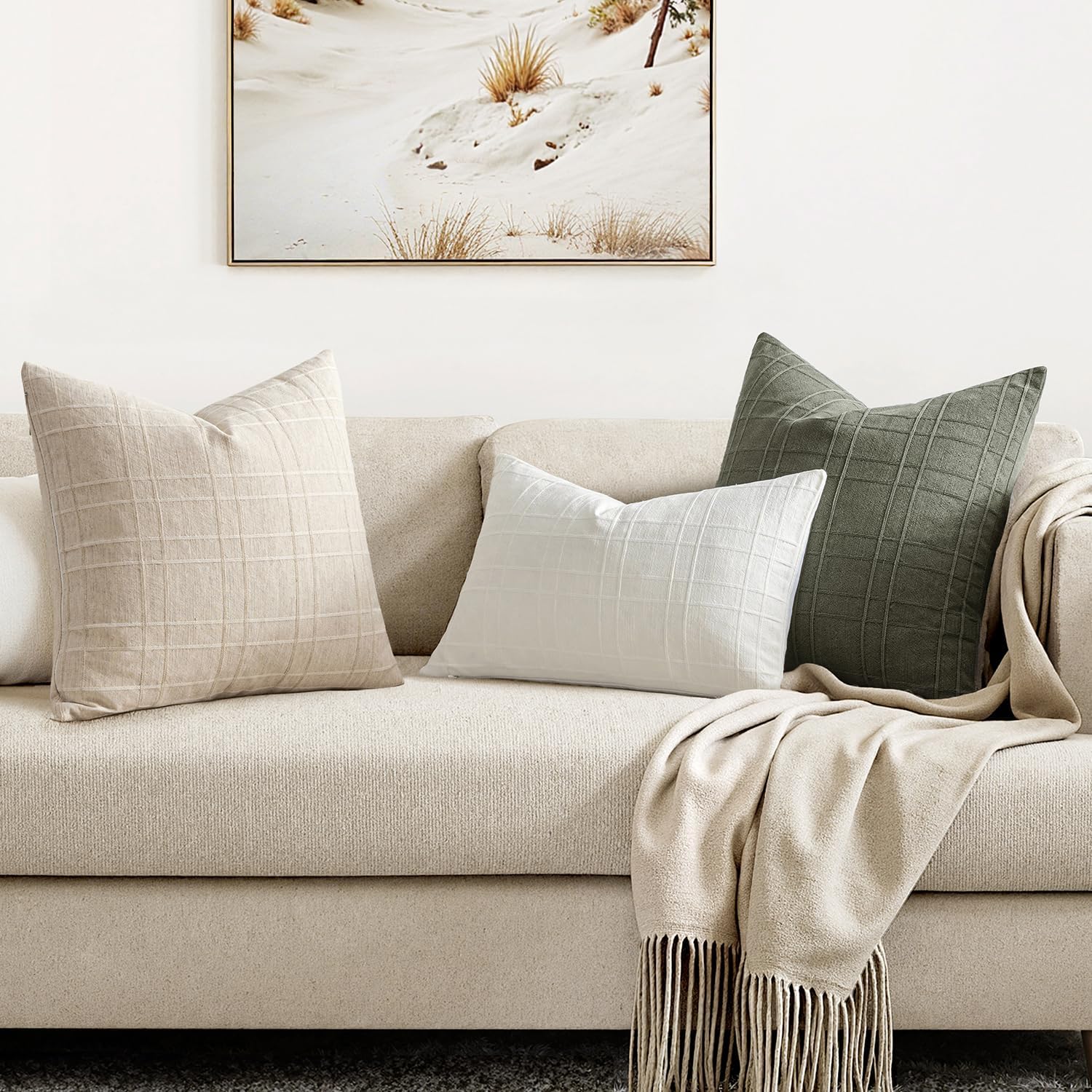 Decorative Linen Check Throw Pillow Covers Neutral Farmhouse / 18 x 18 / Natural Beige / Set of 2
