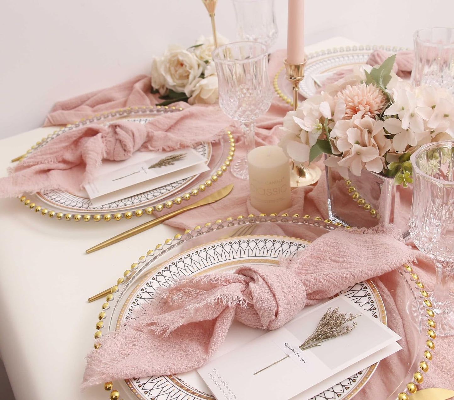 Cloth Napkins with Fringe Set of 12, Soft Cotton, 16 x 16 Inch, Dusty Pink | Boho Rustic Dinner Napkins, Reusable