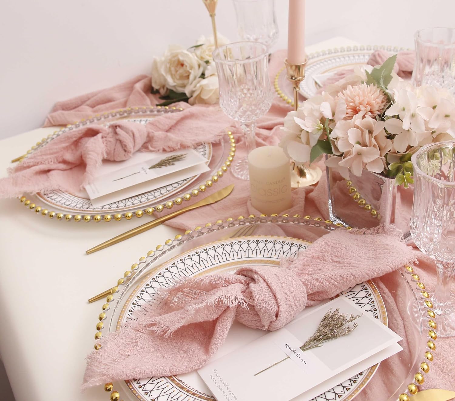 Cloth Napkins with Fringe Set of 12, Soft Cotton, 16 x 16 Inch, Dusty Pink | Boho Rustic Dinner Napkins, Reusable