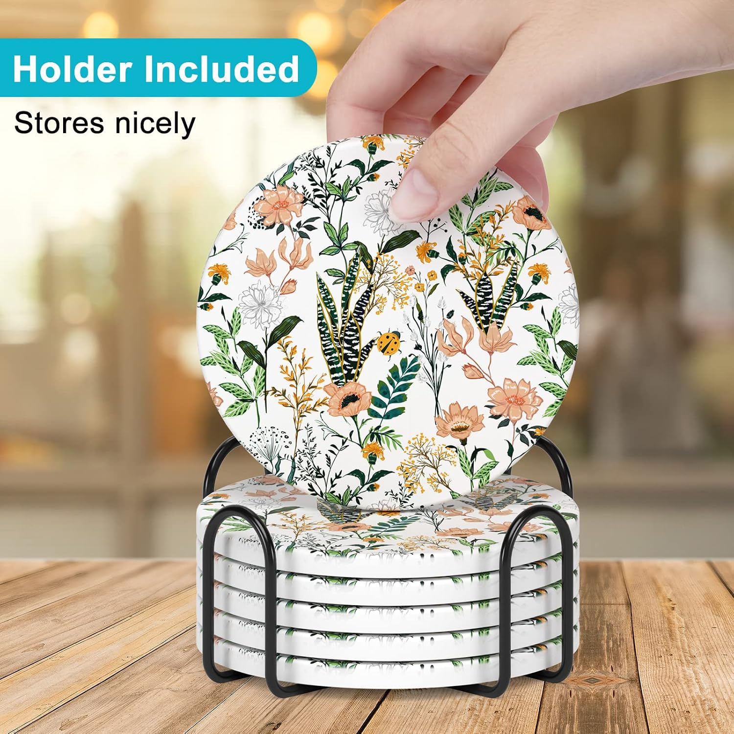 Holder and Cork Base / Flower Illustration 02 / Set of 6