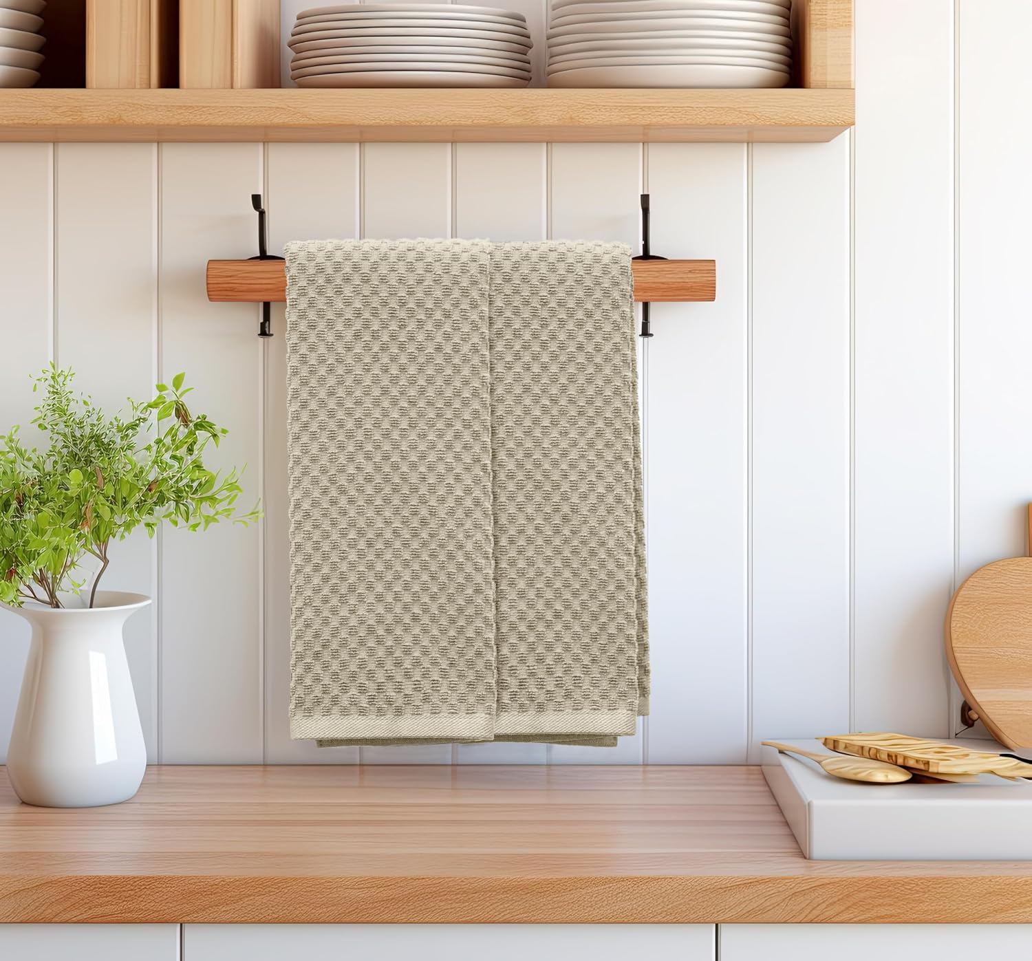 COTTON CRAFT Amazing Kitchen Towels - 8 Pack 100% Cotton Waffle Terry Towel | Beige - 16x28 inch Euro Café Waffle Weave