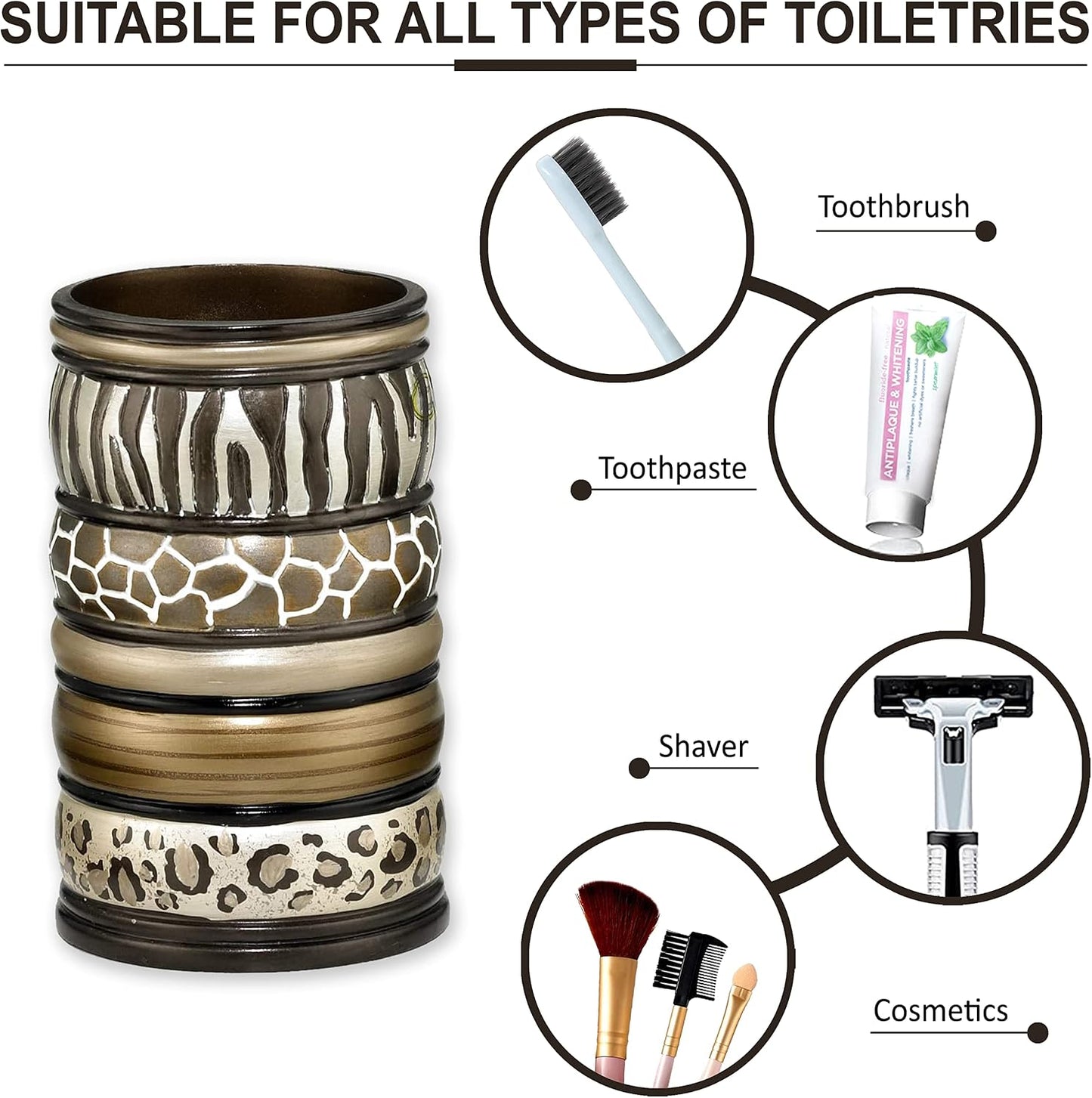 Zahari Home 4pc Safari Stripes Stylish Bathroom Accessories Set Hand Soap Dispenser, Tumbler, Tooth Brush Holder and