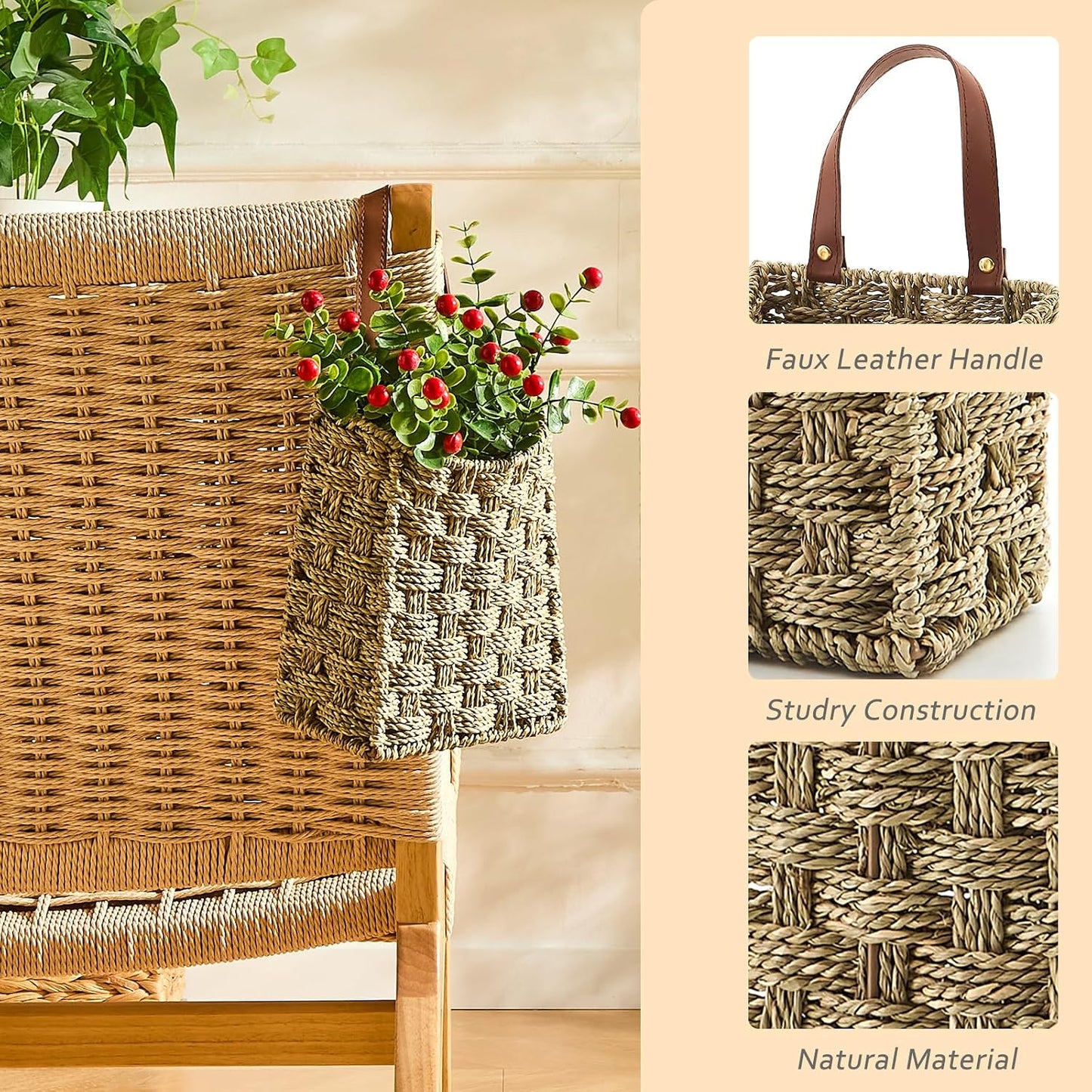 Wall Hanging Pocket Basket Portable Storage Basket Decorative Boho Mounted Organizer / Seagrass