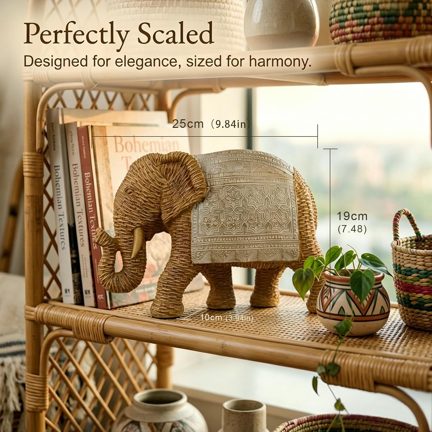 Elephant Statue Boho Home Decor Woven Detail Accent / Woven Gold