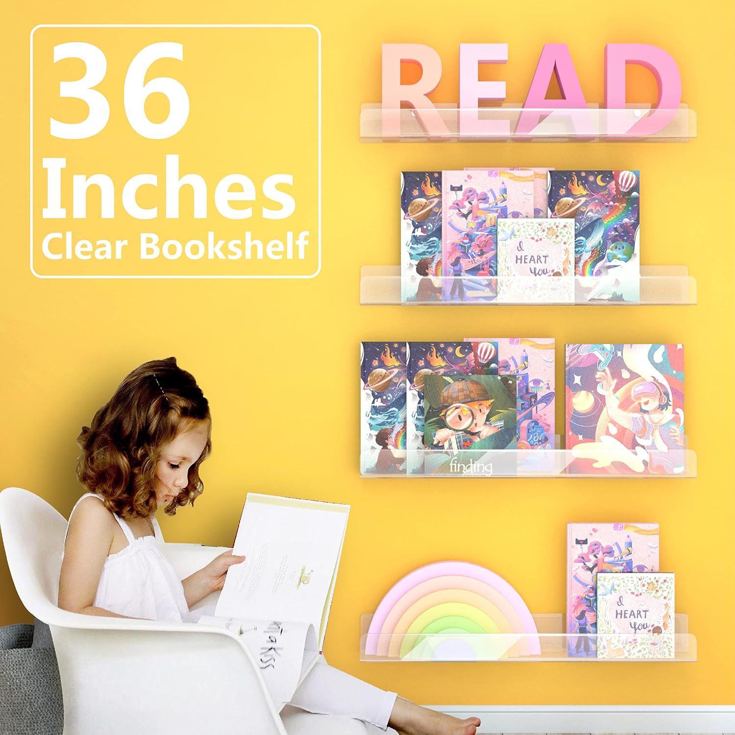 2 Pack 36 Inch Clear Acrylic Kids Wall Bookshelves,Display Rack | 50% Thicker Invisible Floating Shelf, Toy Organizer