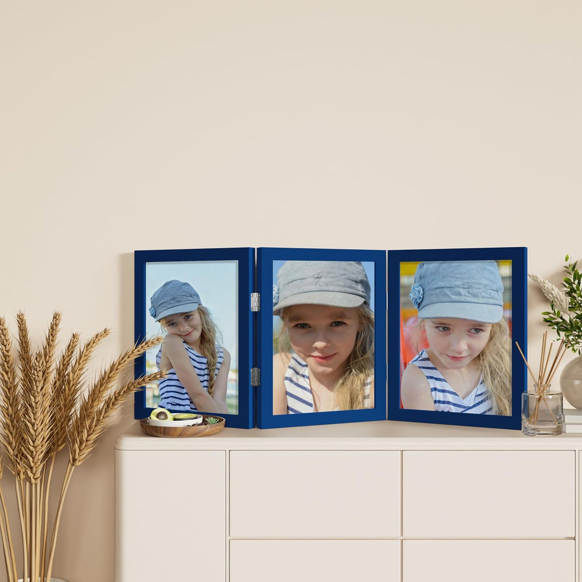 decorUhome Blue Triple 8x10 Picture Frame Vertical, MDBU08 | "Z" Shape Folding Design Engineered Wood Trifold Photo