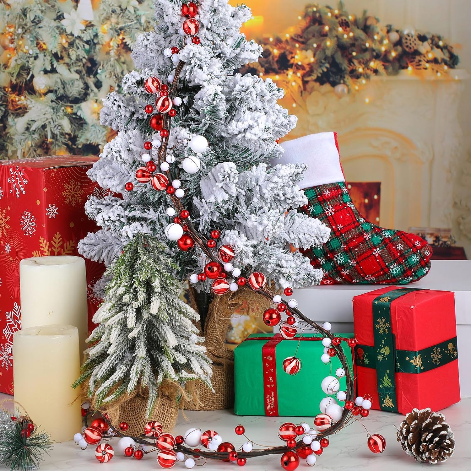 WILLBOND 18 ft Red and White Christmas Ball Garland Ball Ornaments Hanging Baubles Ornament for Xmas Christmas Tree