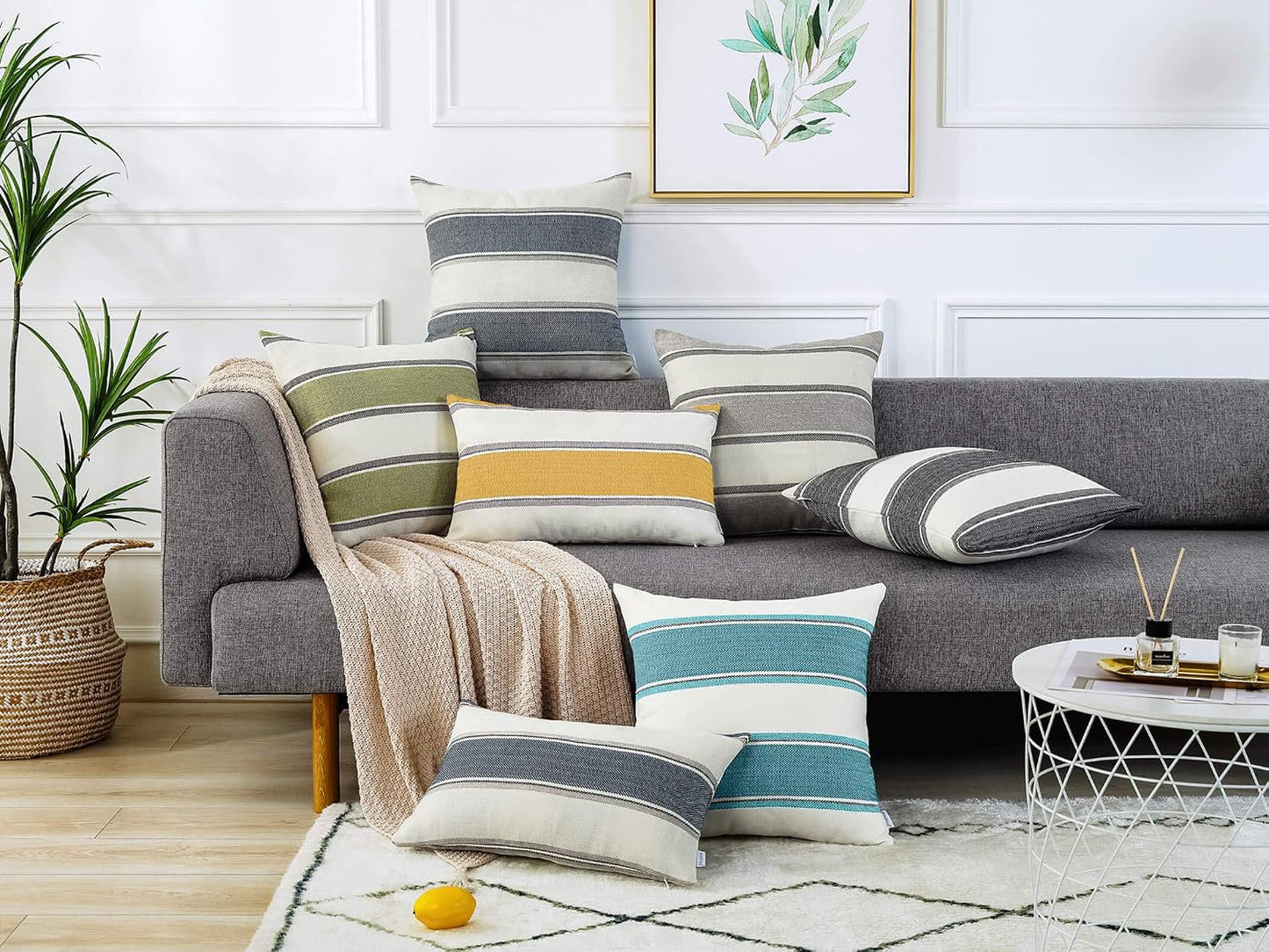 Farmhouse Linen Throw Pillow Cover Cushion Stripe Decoration Buffalo / 22 x 22 / Teal / Set of 2