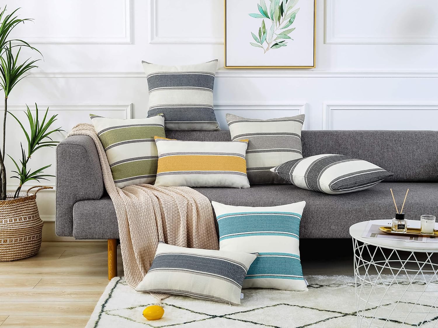 Farmhouse Linen Throw Pillow Cover Cushion Stripe Decoration Buffalo / 22 x 22 / Teal / Set of 2