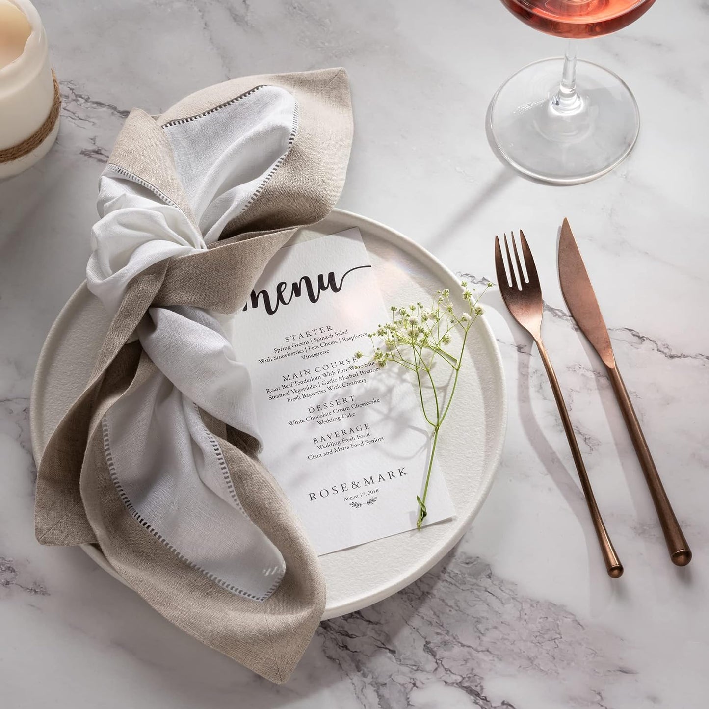 Linen Napkins 20 x 20 inch - 100% Pure Linen White and Natural Dinner Napkins Set of 4 - Hemstitch Napkins Cloth