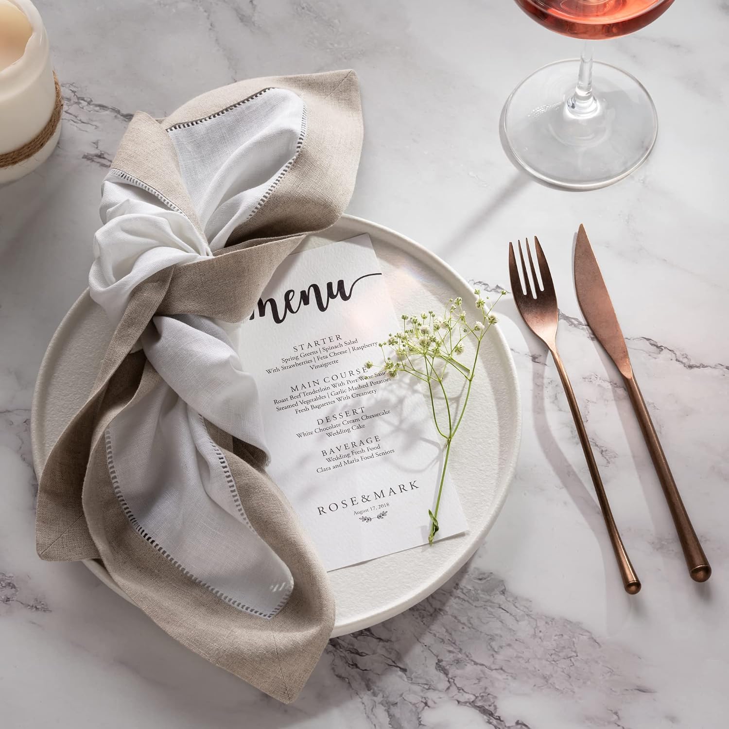 Linen Napkins 20 x 20 inch - 100% Pure Linen White and Natural Dinner Napkins Set of 4 - Hemstitch Napkins Cloth