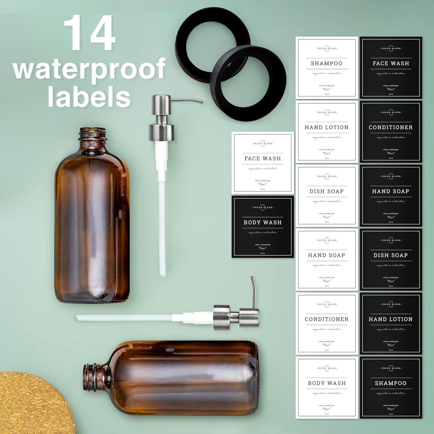 Vine Creations Amber Glass Soap Dispenser, 2 Pack Kitchen Soap Dispenser Set with Stainless Steel Pump, 16 oz Hand Soap