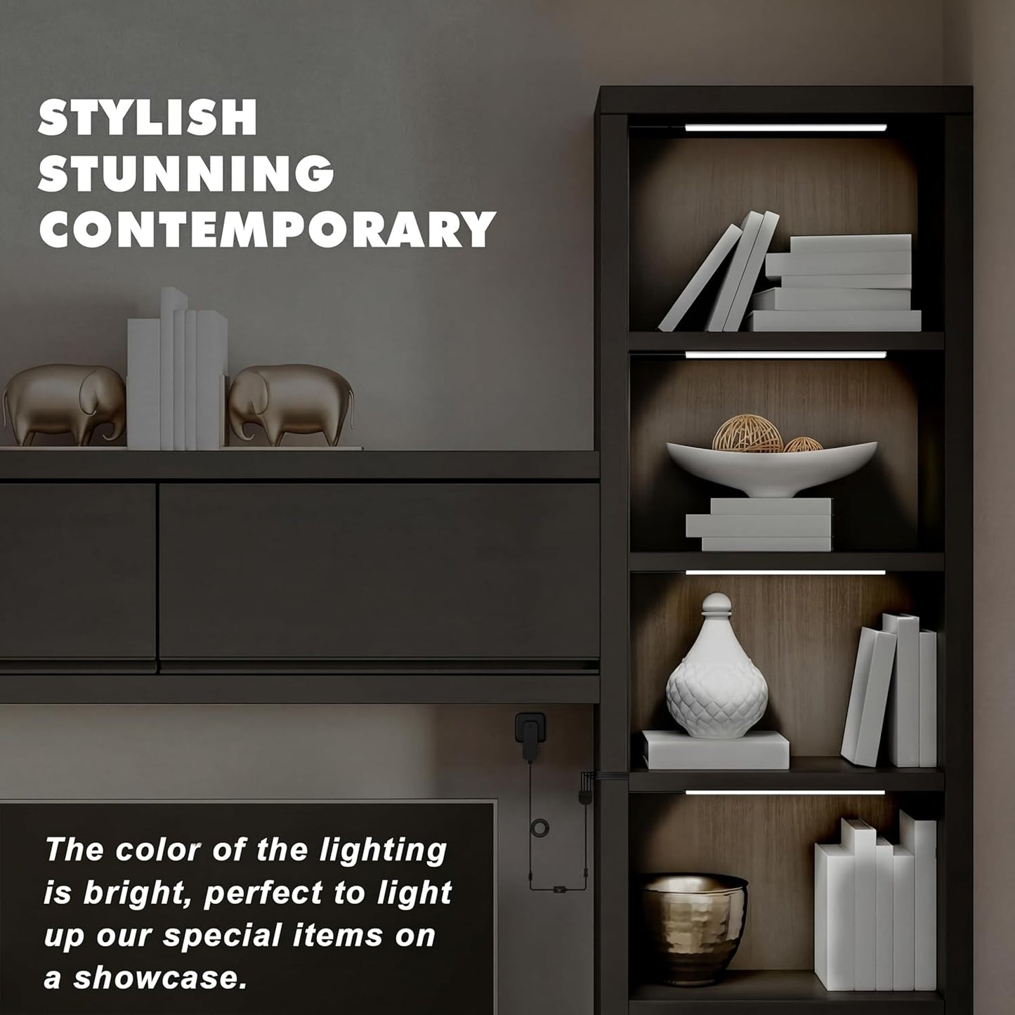 JUSJUBR Black Shell Display Case Lights, LED Lights for Display Case with Memory Function, 4x12 Inch Bookshelf