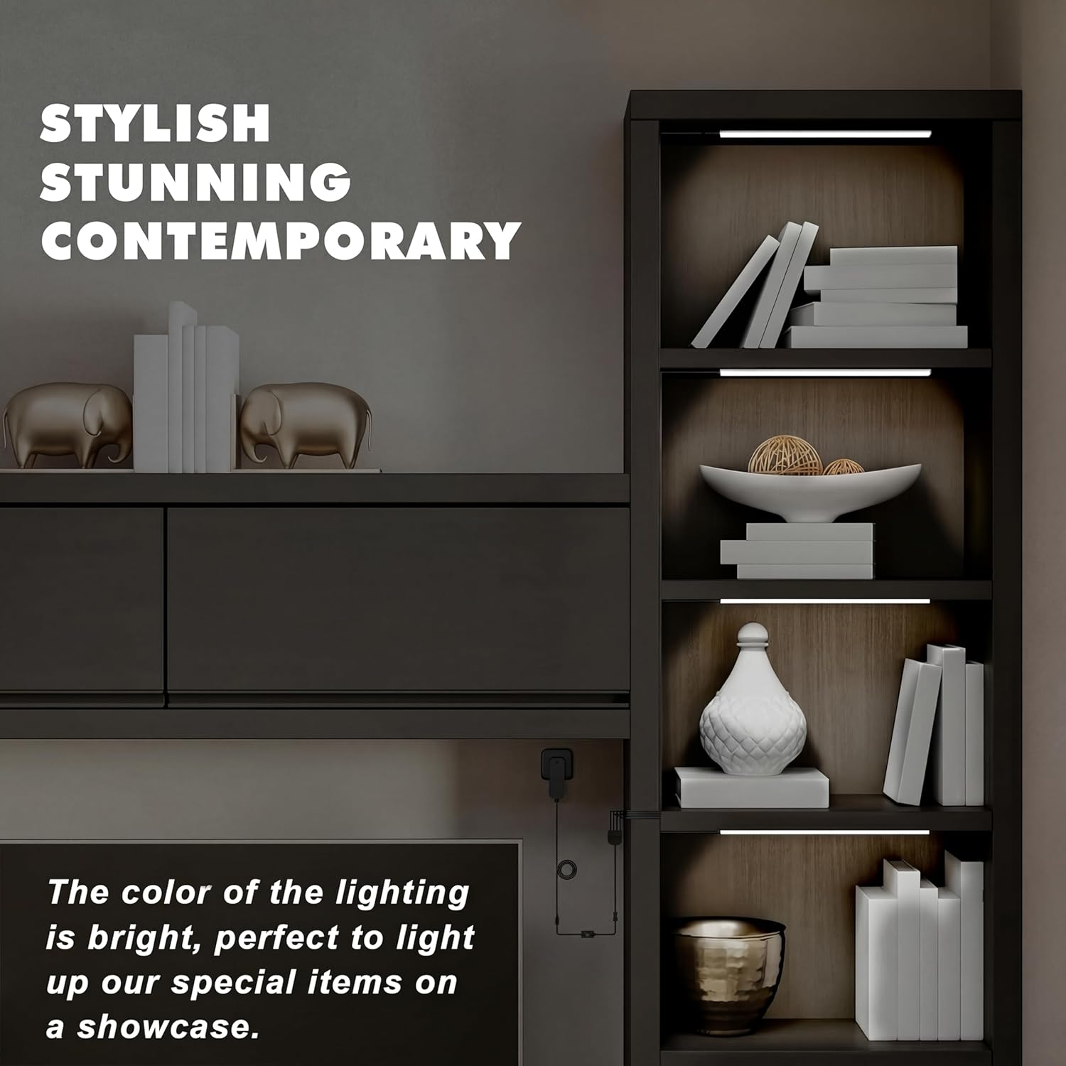 JUSJUBR Black Shell Display Case Lights, LED Lights for Display Case with Memory Function, 4x12 Inch Bookshelf