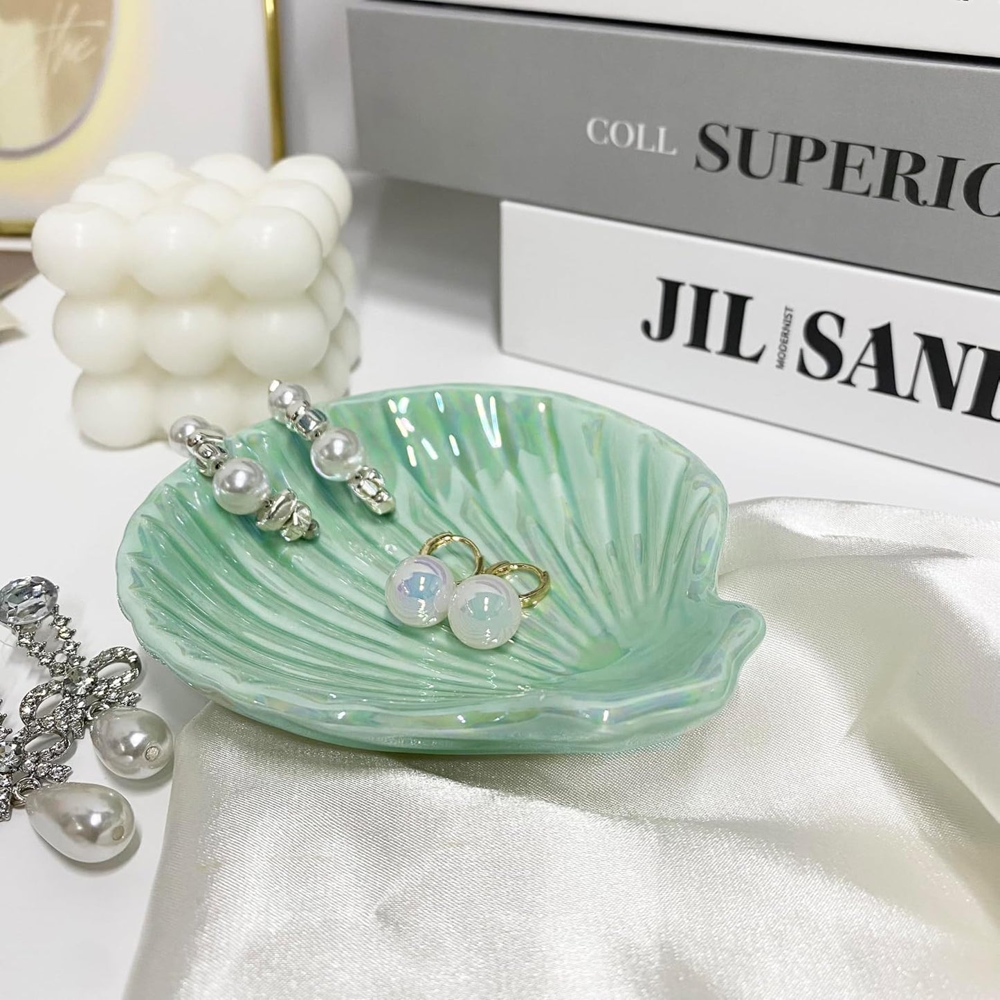 Ceramic Shell Ring Holder Dish / Ice Green