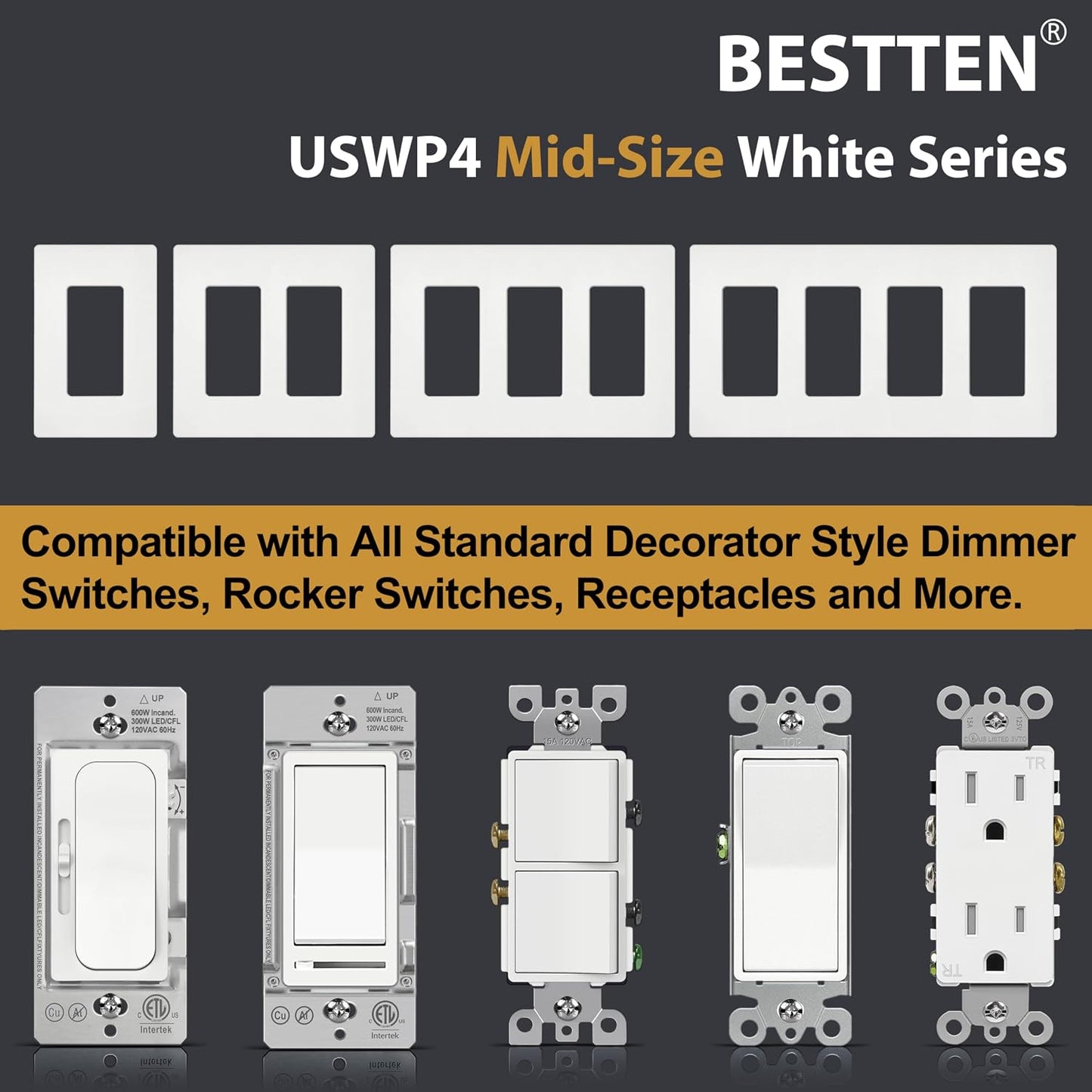 BESTTEN [20 Pack] 1 Gang Screwless Decorator Wall Plate, Midsize Switch Plate, Midway Receptacle Outlet Cover, USWP4