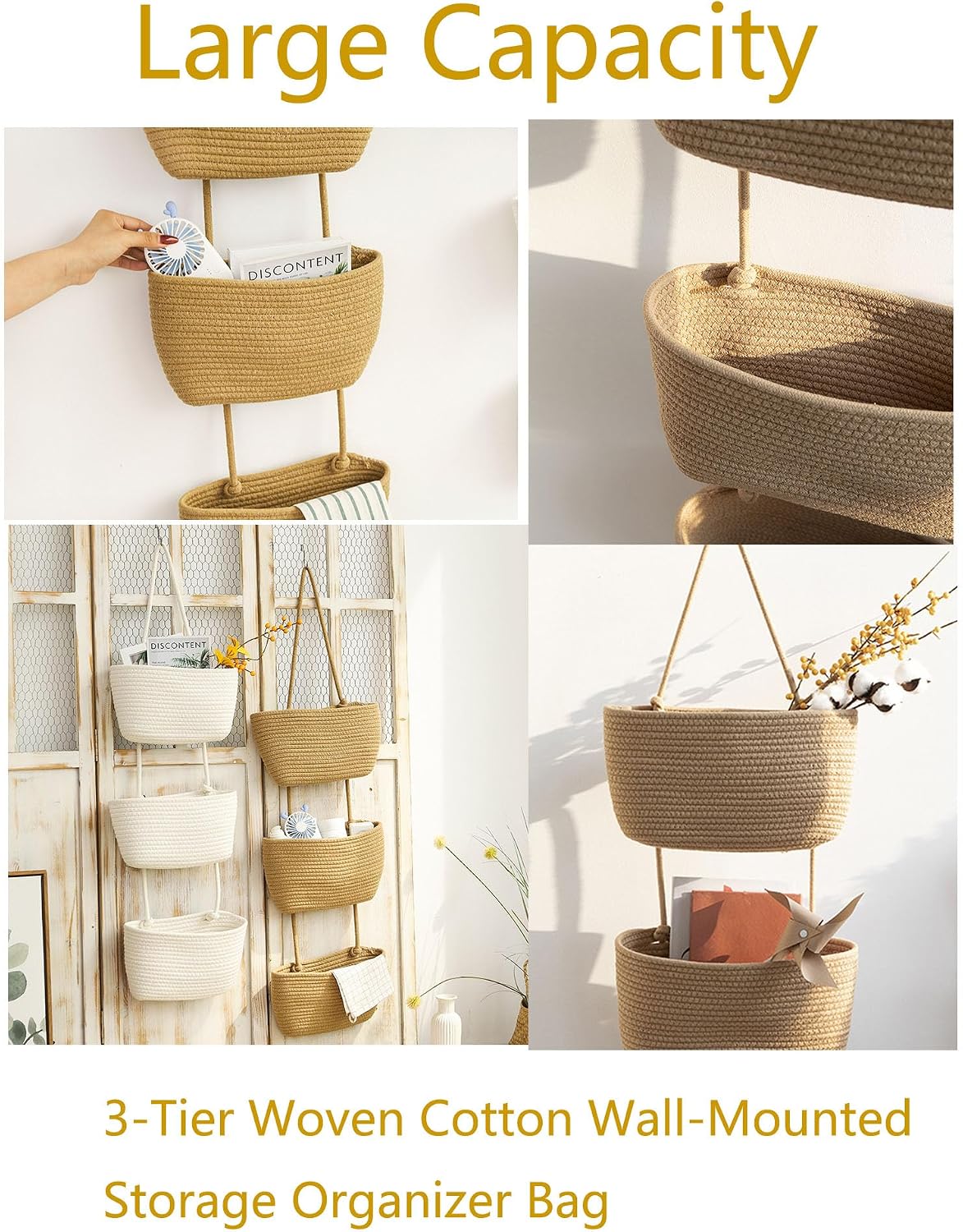 Woven Cotton Hanging Baskets for Organizing Decor 3-Tier Over the Door Wall-Mounted Storage / Brown