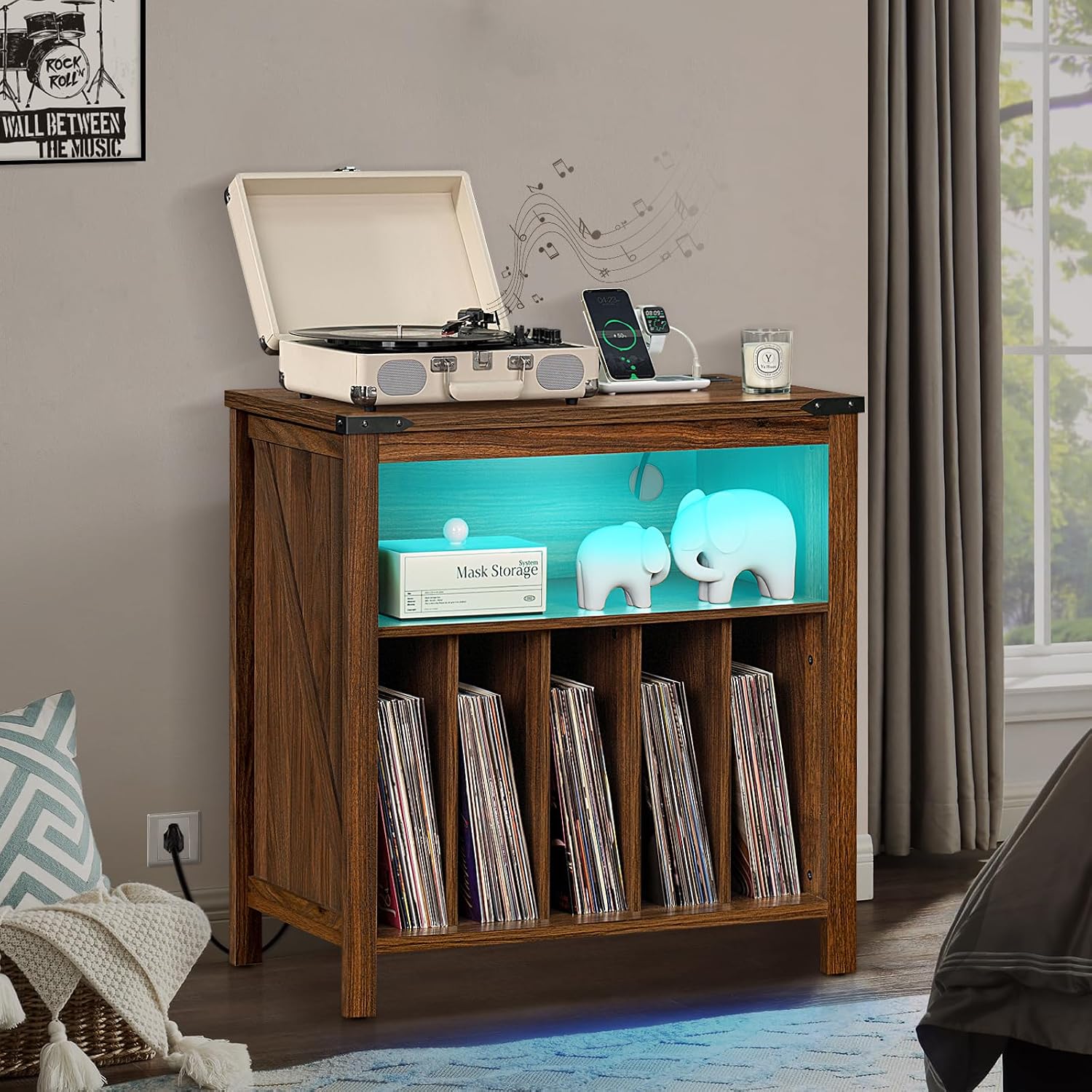 Joaxswe Large Record Player Stand with Charging Station & LED Lights, Vinyl Records Storage Holder Cabinet Holds up to