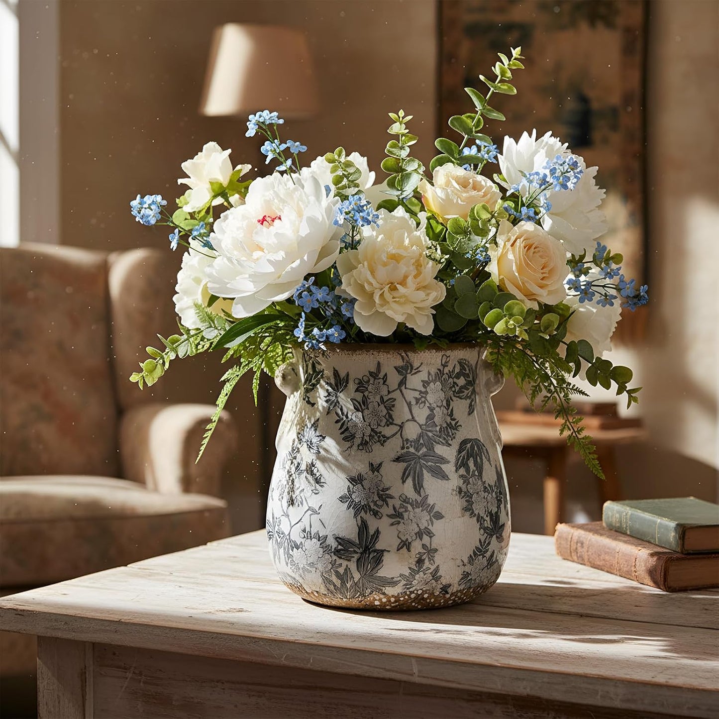 Ceramic Scroll Planter Chinoiserie Floral Vase / Retro Gray / 6.5 Inch