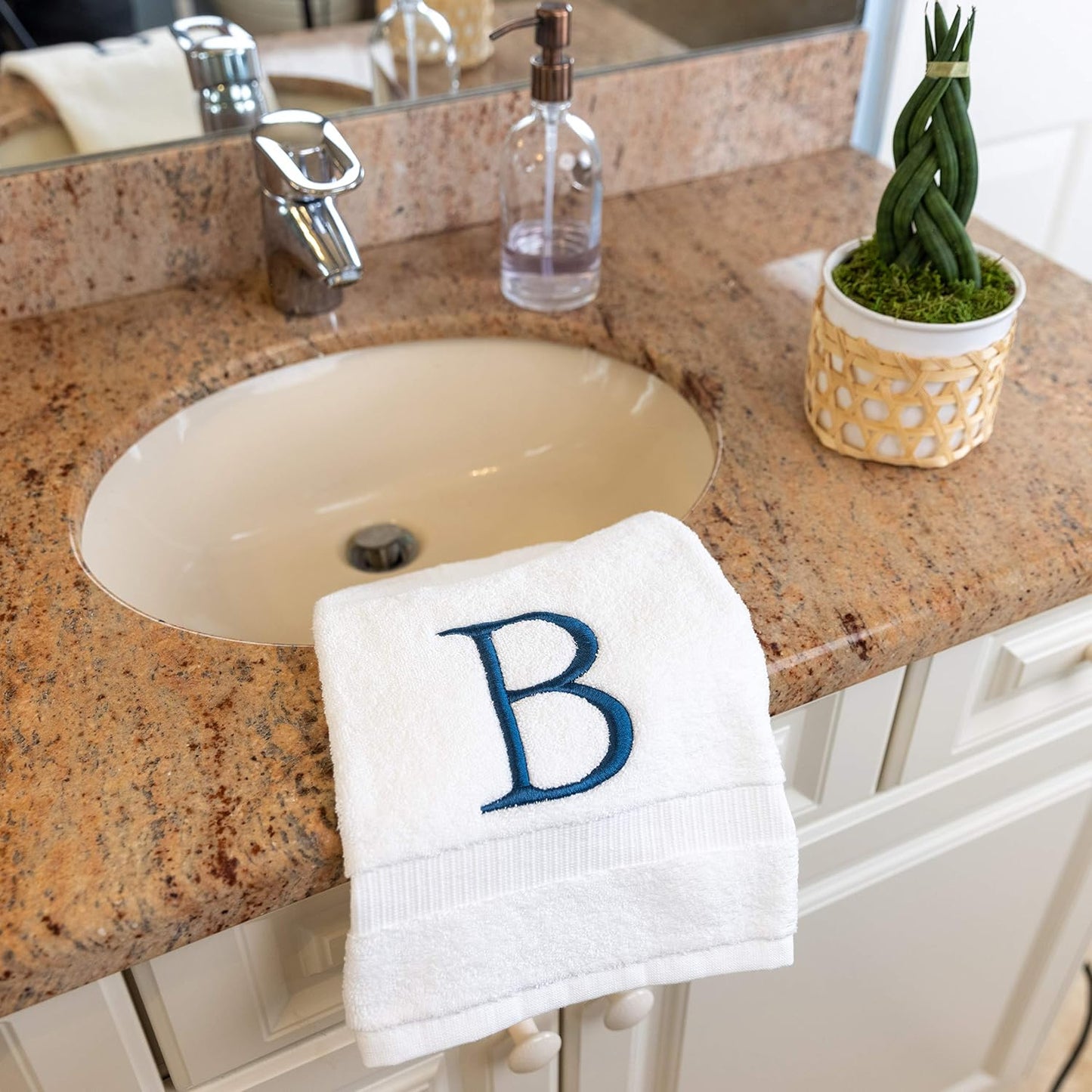White with Navy Monogrammed Hand Towels for Bathroom - Set of 2 Letter B | Luxury Hotel Quality Initial Towels For