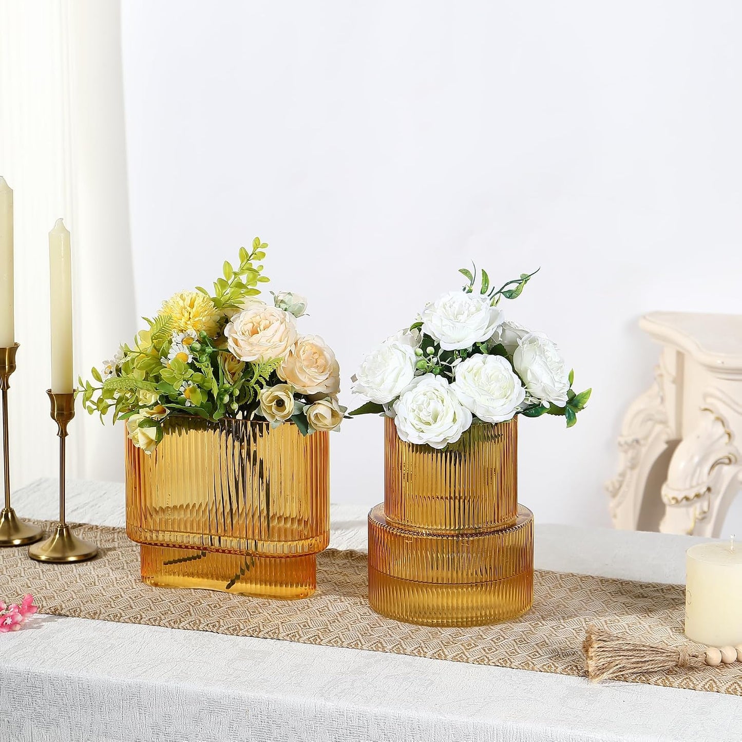 Glass Vases / Modern Glass Vase / Amber / Ribbed + Oval / Set of 2
