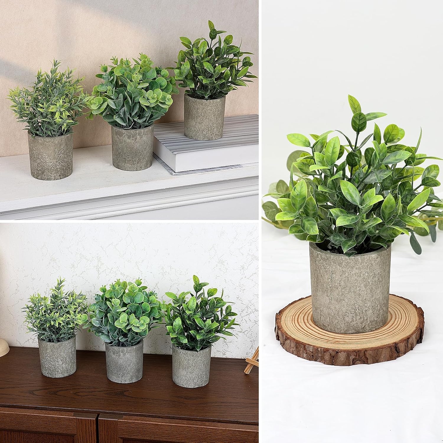 Mini Potted Fake Plants Artificial Small Eucalyptus Plants / Green / Mimi Potted Plants / Set of 3