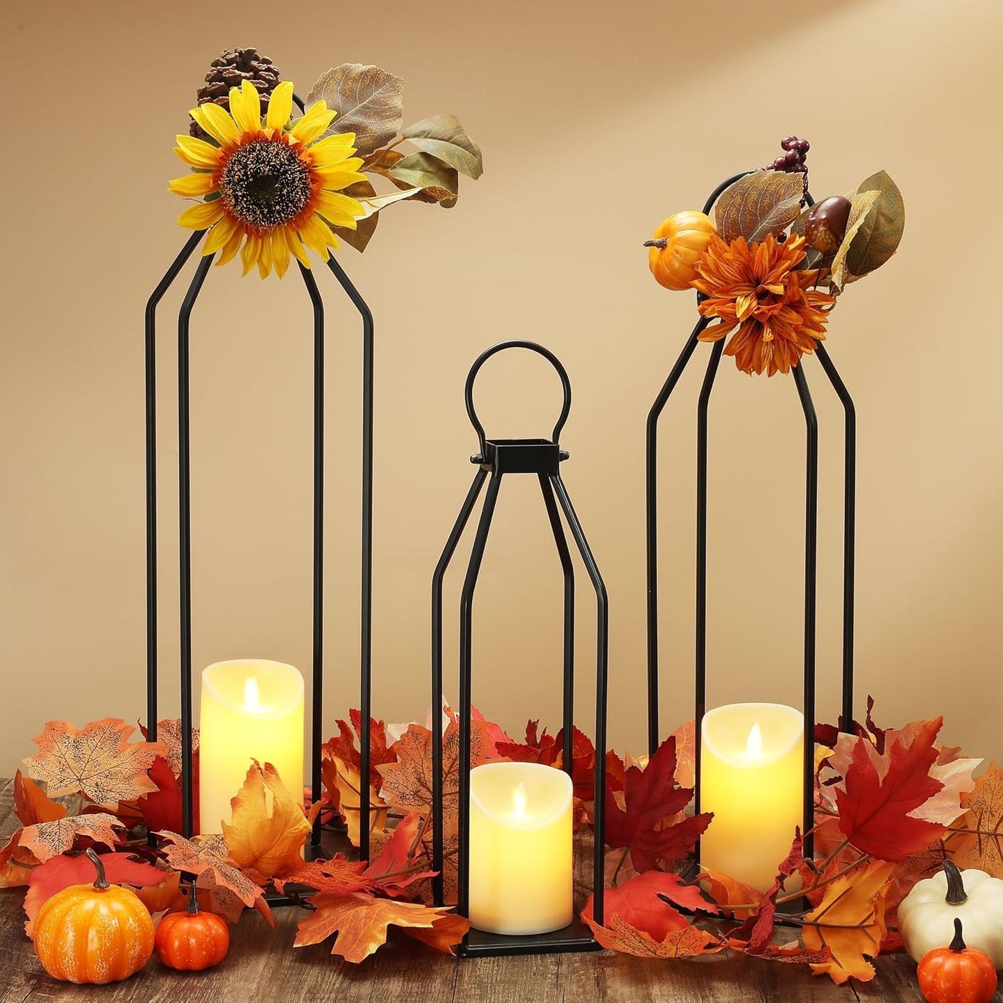 Perfnique Modern Farmhouse Lanterns, Set of 3 Black Metal Lanterns w/ 6hr Timer Flickering Flameless Candles