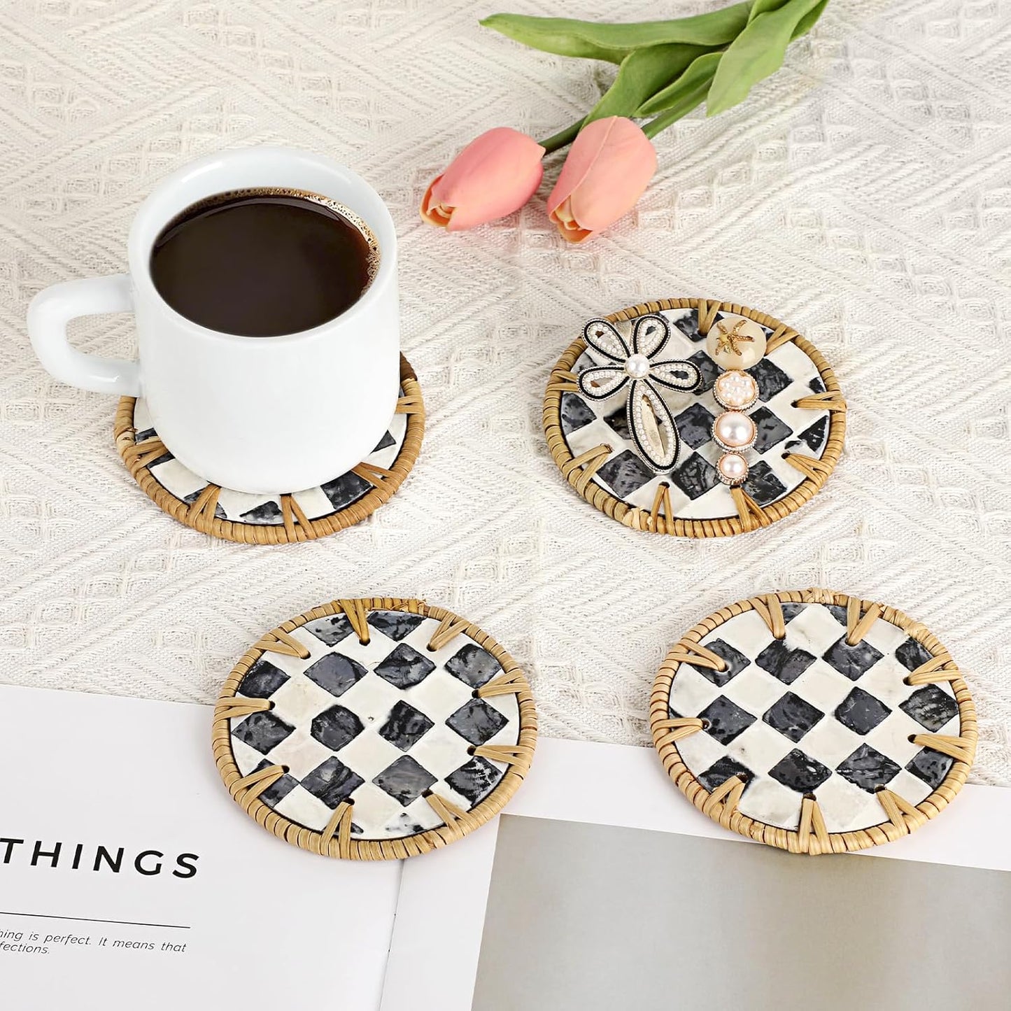 Holder / Boho Coastal Coasters / Checkered Pattern / Set of 6