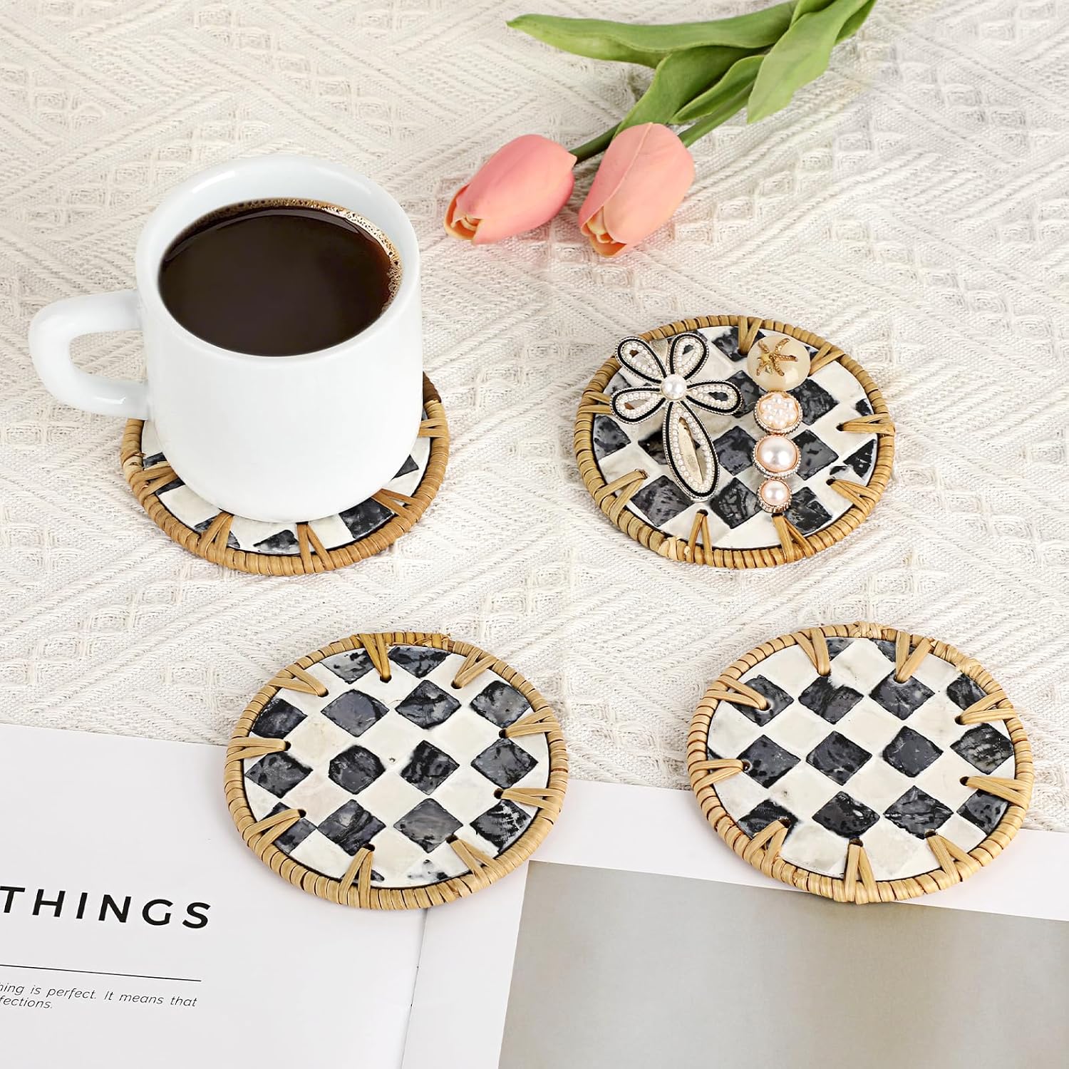 Holder / Boho Coastal Coasters / Checkered Pattern / Set of 6
