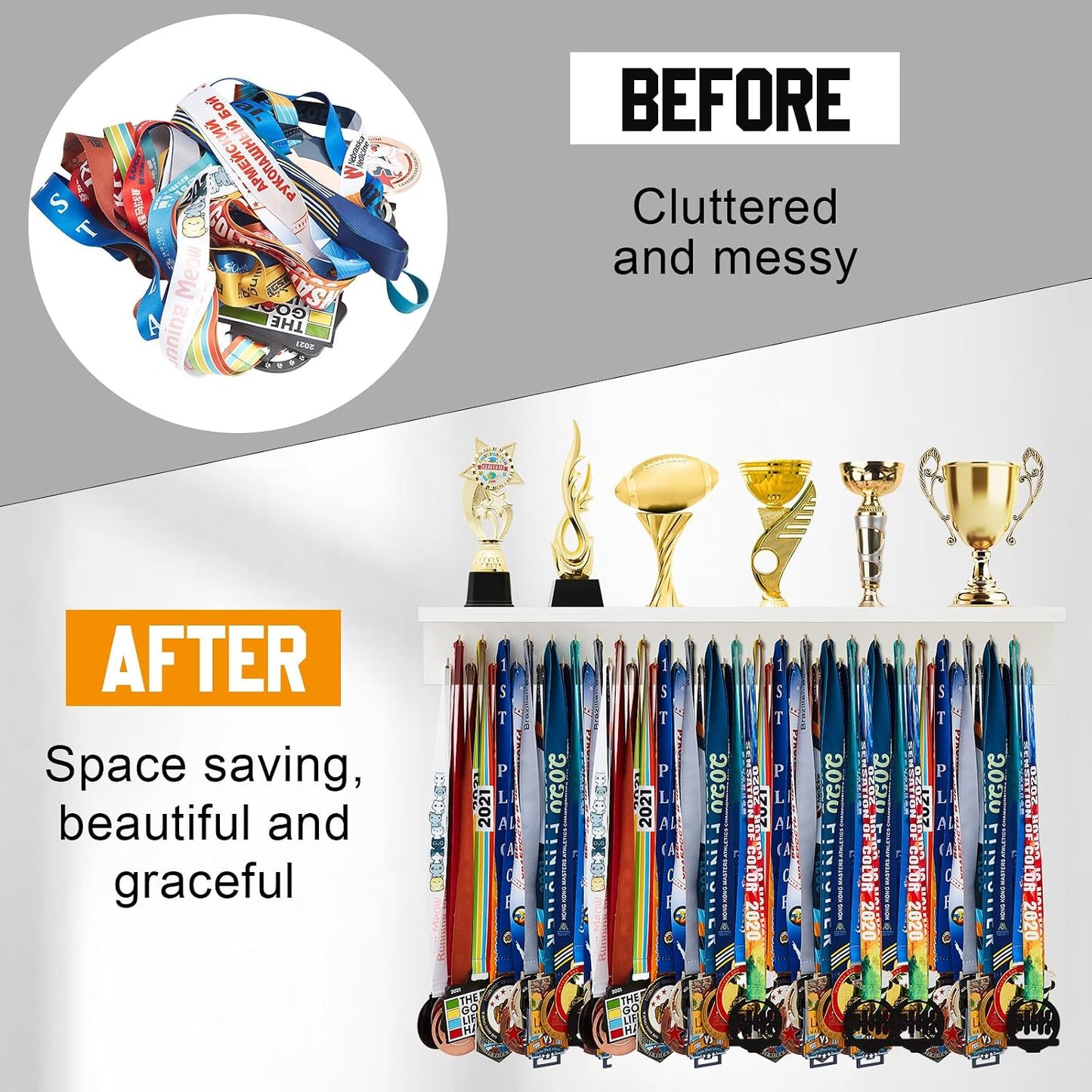 Wooden Medal Hanger Display Trophy Holder Shelf with 25/37/49/65/83 Hooks Wall Mount Ribbon Holder Gift for Gymnastics