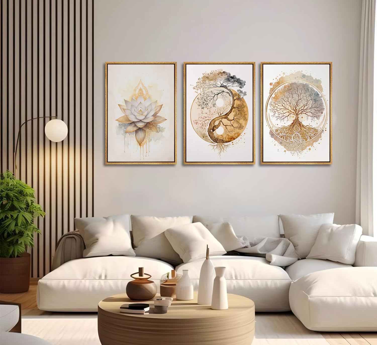 Tree of Life Canvas Wall Art Lotus Zen Painting / Wood Grain Frame / Framed / 16"L x 12"W / Gold