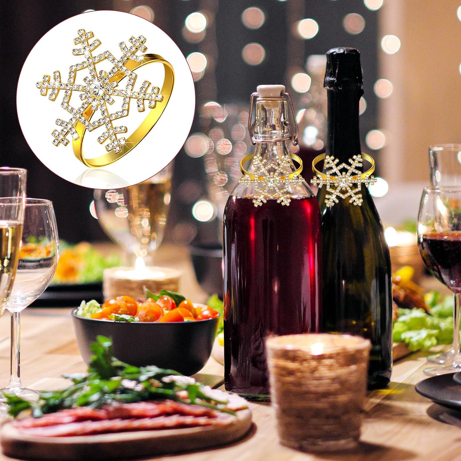 Patelai 100 Pieces 12 Pcs Snowflake Napkin Rings Rhinestone for Xmas,Gold | Christmas Thanksgiving Table Decor, Snow