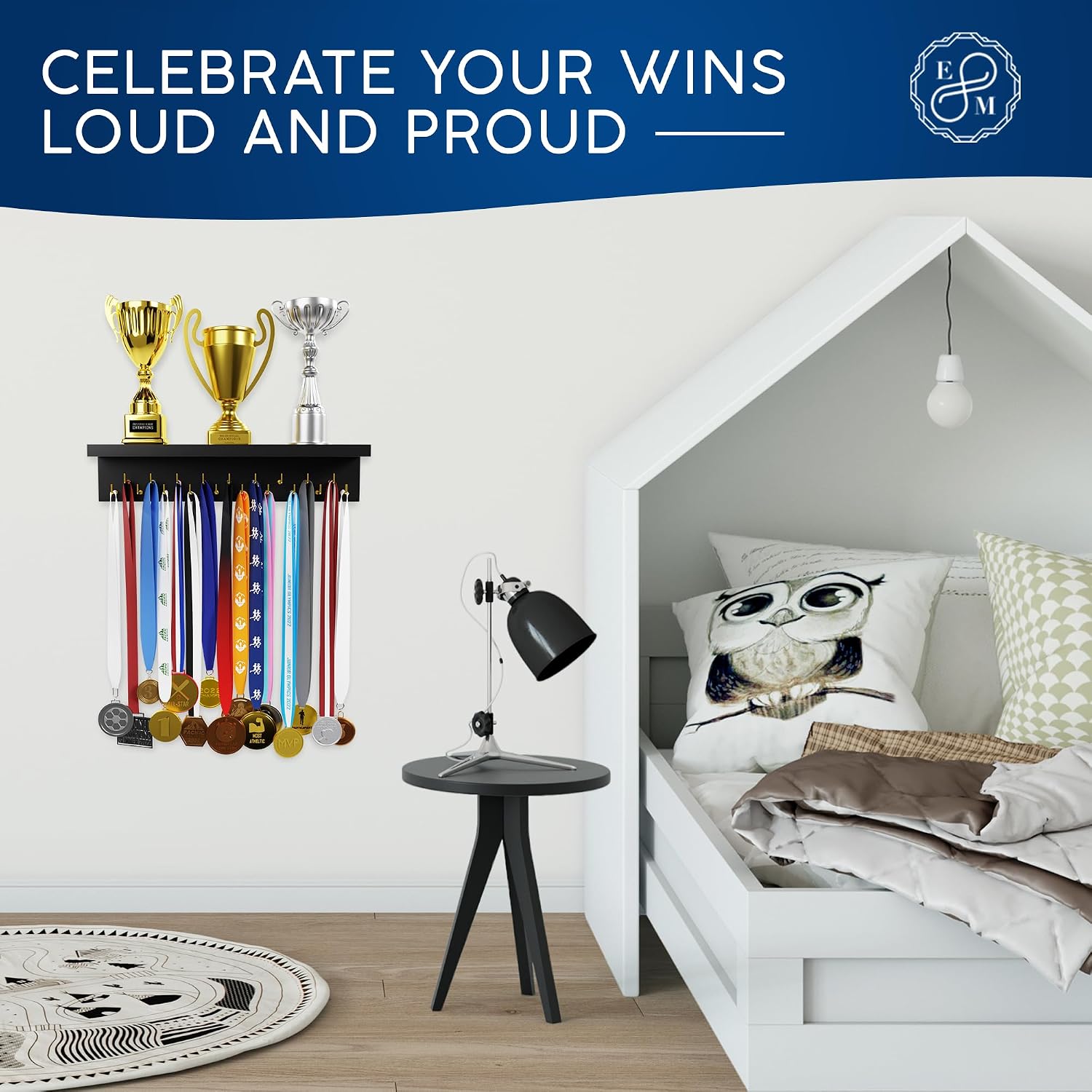 EVERMORE Medal Hanger Display and Trophy Shelf with Hooks - Wooden Medal Holder for Wall Mount Ribbon Display, Trophy