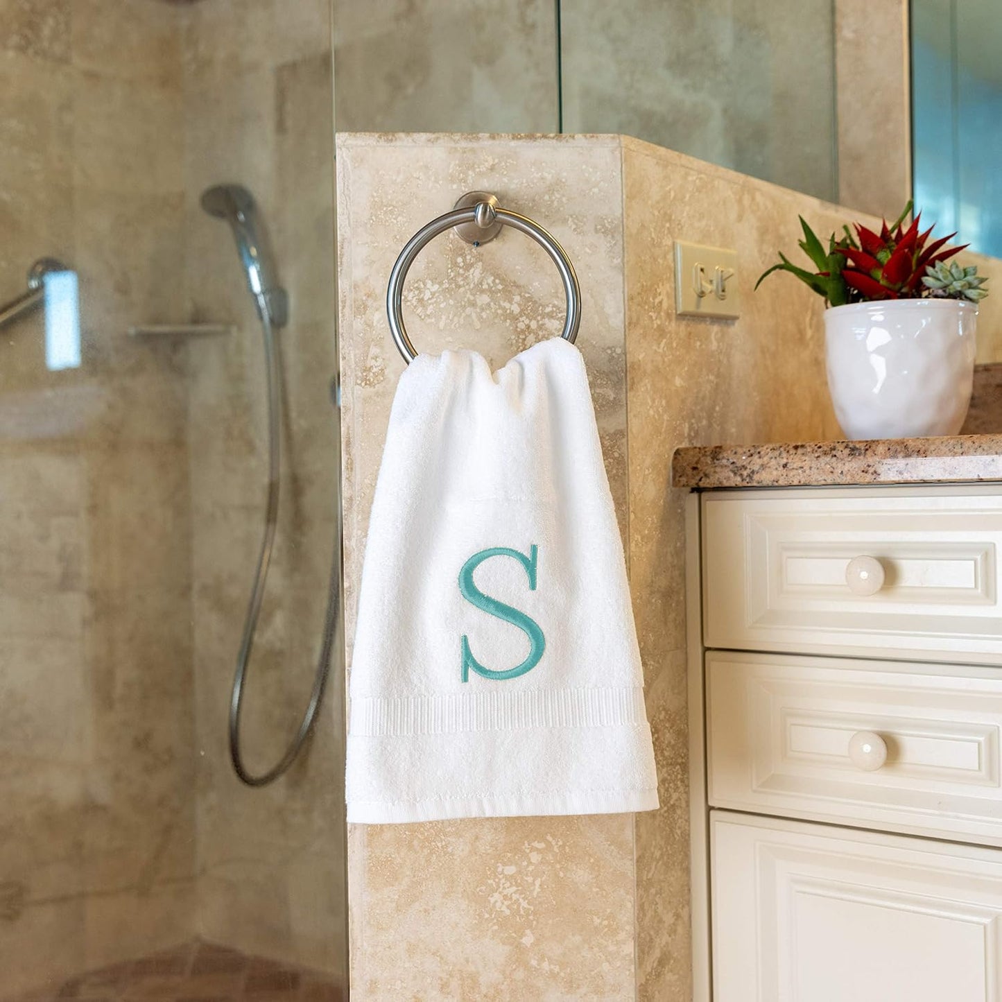 White with Teal Monogrammed Hand Towels for Bathroom - Set of 2 Letter S | Luxury Hotel Quality Initial Towels For