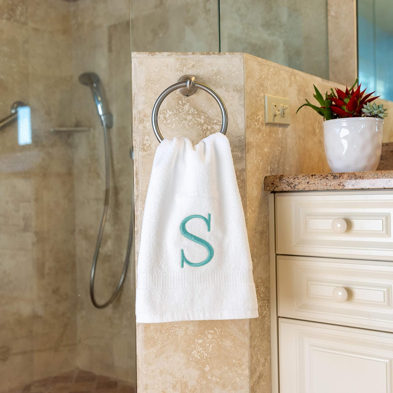 White with Teal Monogrammed Hand Towels for Bathroom - Set of 2 Letter S | Luxury Hotel Quality Initial Towels For
