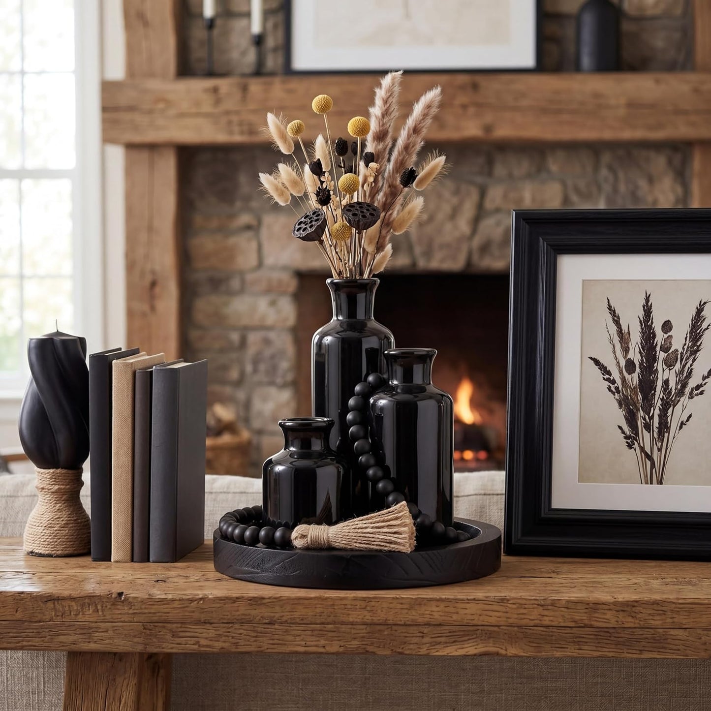 Wooden Serving Tray Wood Bead Garland Tassels / Black / Set of 5