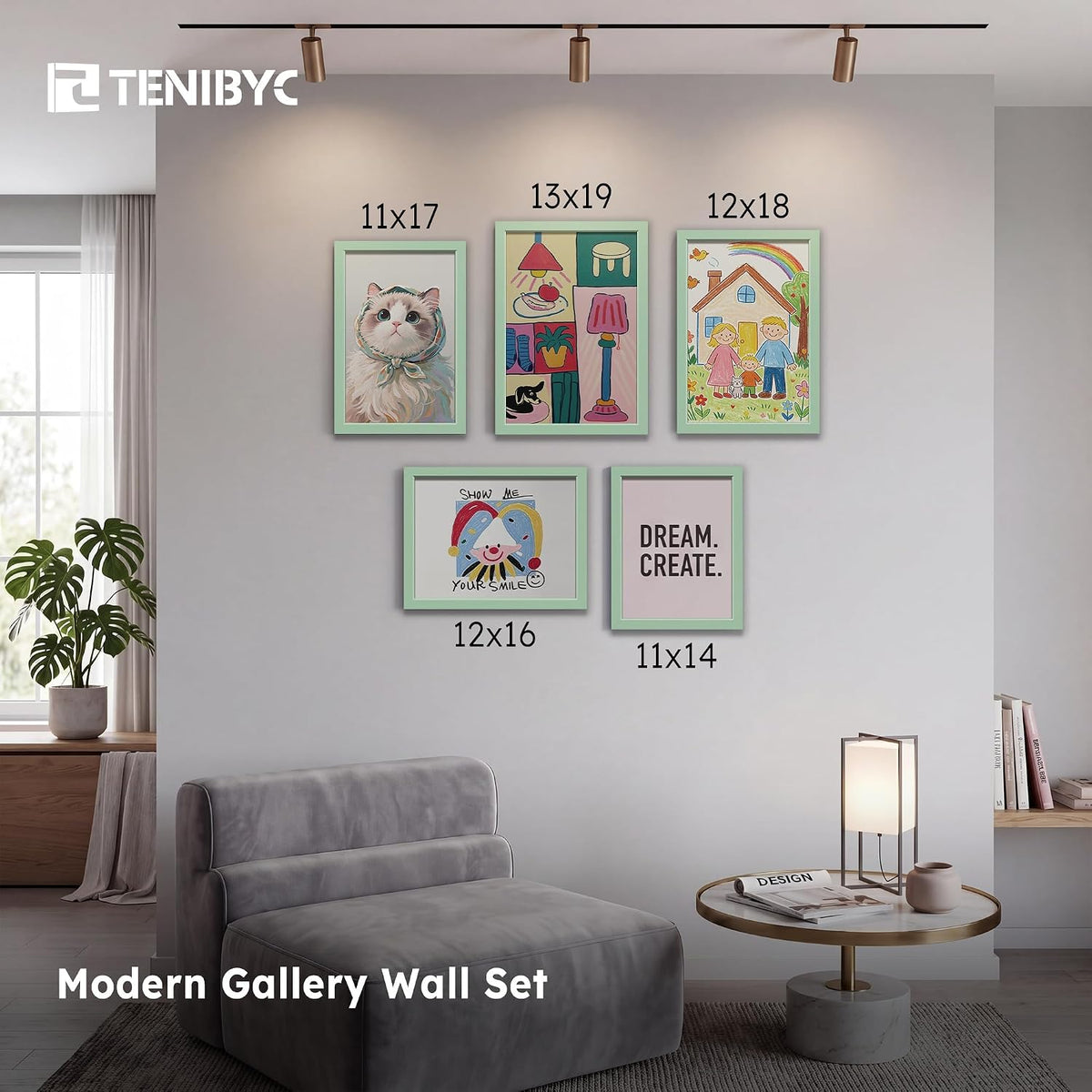 11x14 Picture Frame 3 Pack, Green Wood, Real Glass, for Photo, Art | Thick HD Tempered Glass, Wall Hanging, Horizontal