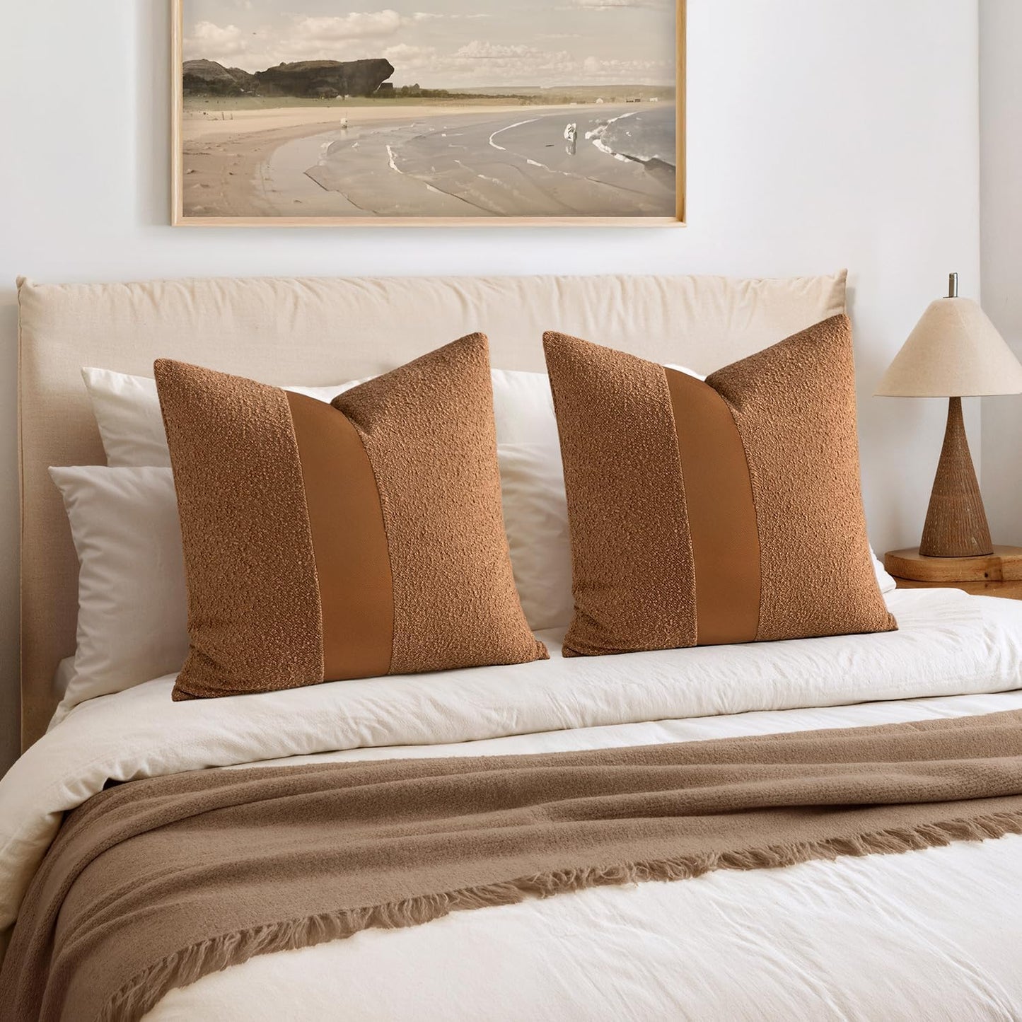 Boucle Throw Pillow Covers Faux Leather Textured Decorative Pillow / 18 x 18 / Brown / Set of 2