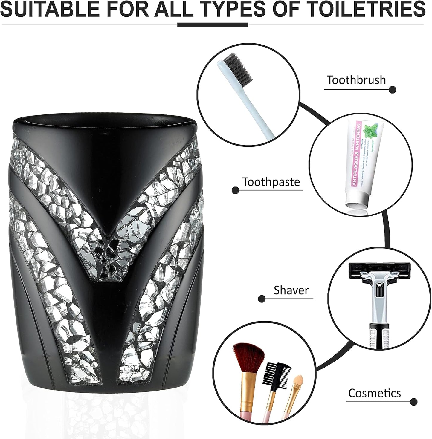 Zahari Home 4pc Sinatra Stylish Bathroom Accessories Set Black Soap Dispenser/Lotion Pump, Tumbler, Tooth Brush Holder