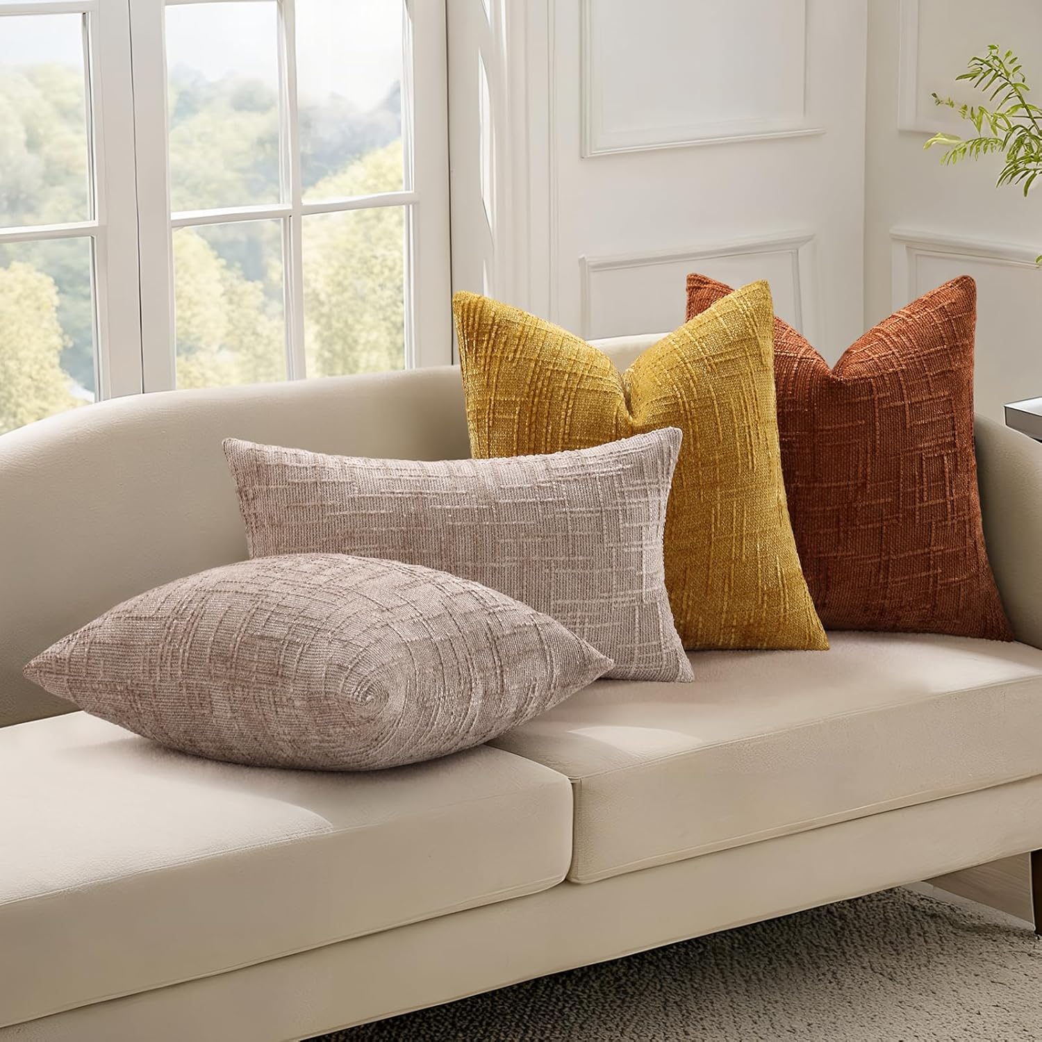 Fall Chenille Euro Sham Throw Pillow Covers Textured Soft Slubby / Light Brown / 26 x 26 / Set of 2