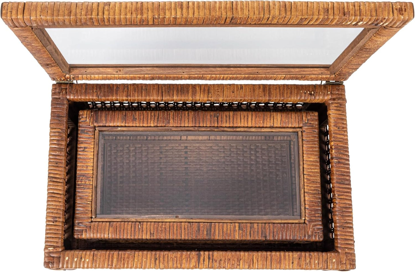 Modern Decorative Rectangle Woven Rattan and Wood Display / Dark Brown / Rectangular / Set of 2