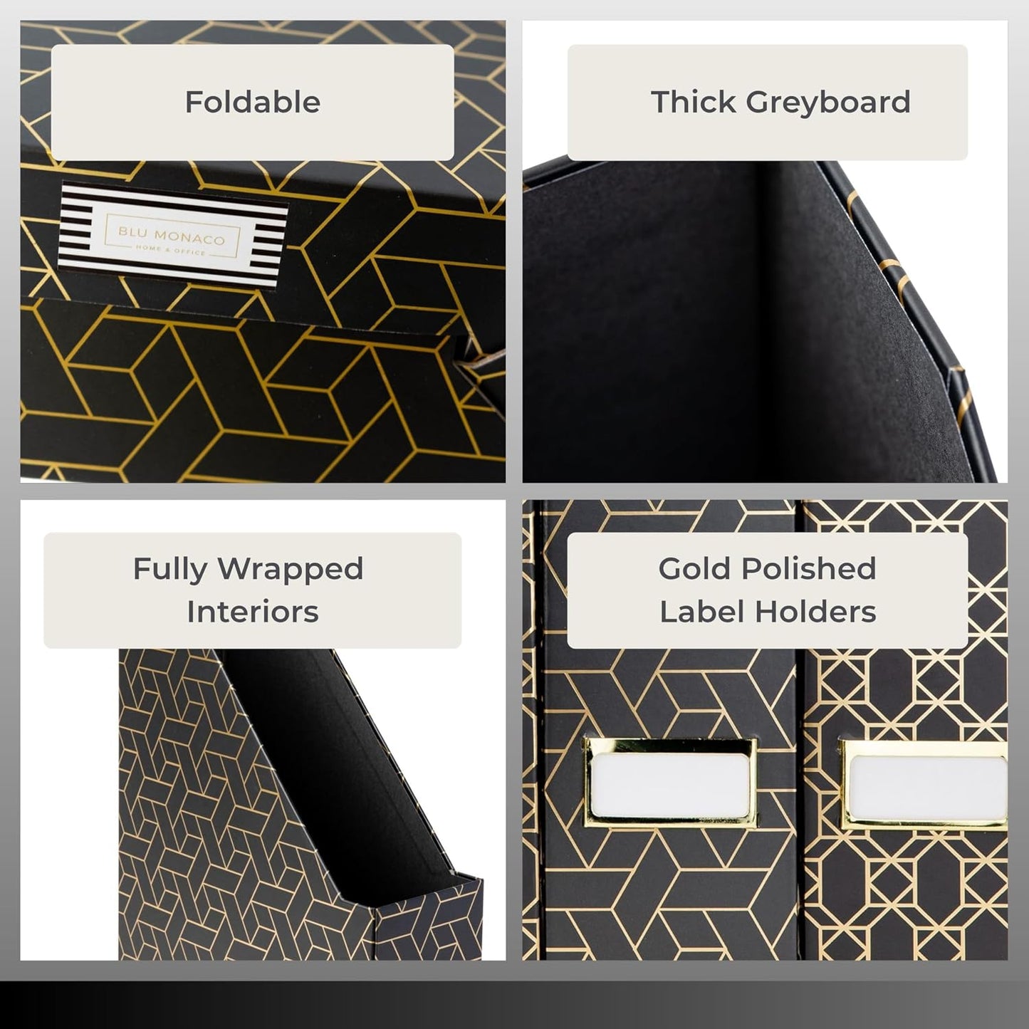 BLU MONACO | Set of 4 Black & Gold Geometric Magazine File Holders with Gold Label Holders | Stylish Vertical File