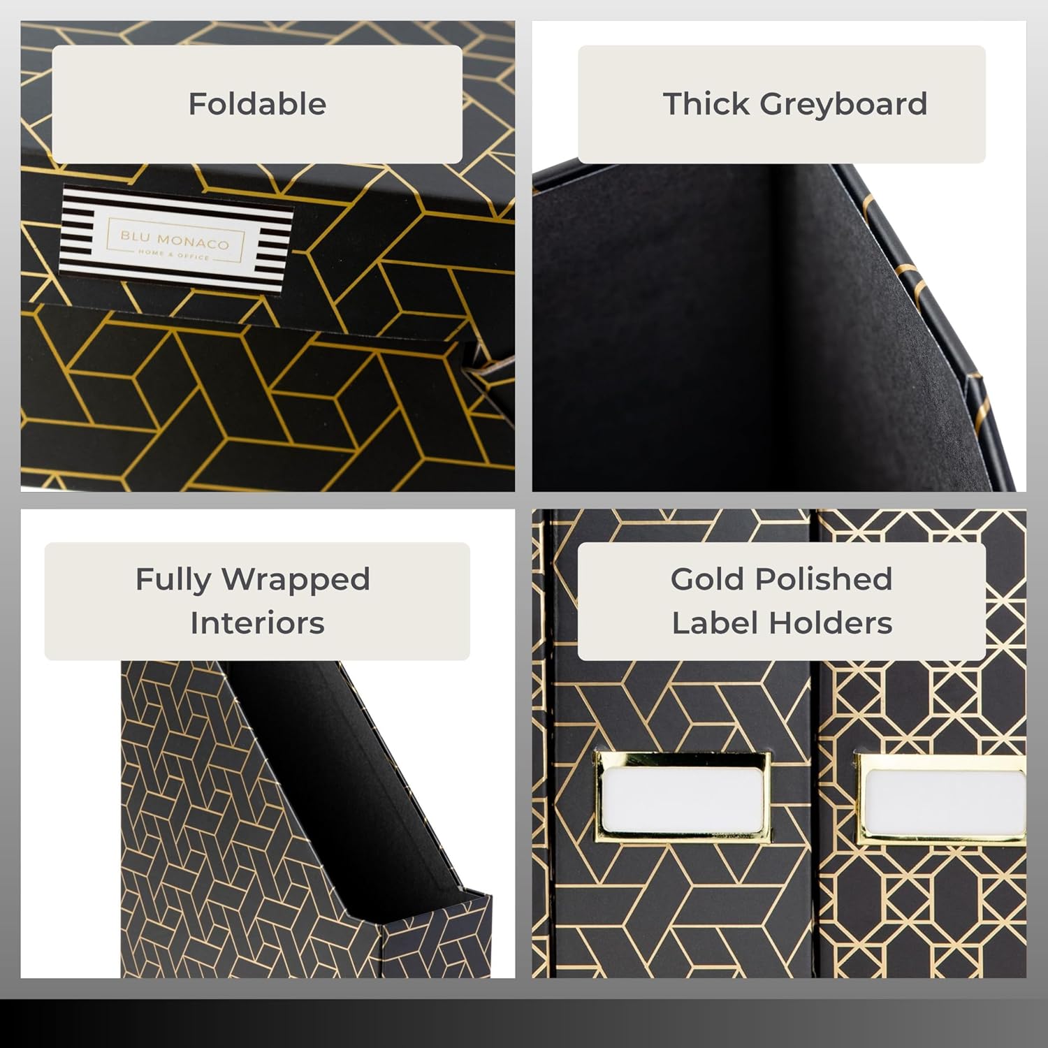 BLU MONACO | Set of 4 Black & Gold Geometric Magazine File Holders with Gold Label Holders | Stylish Vertical File