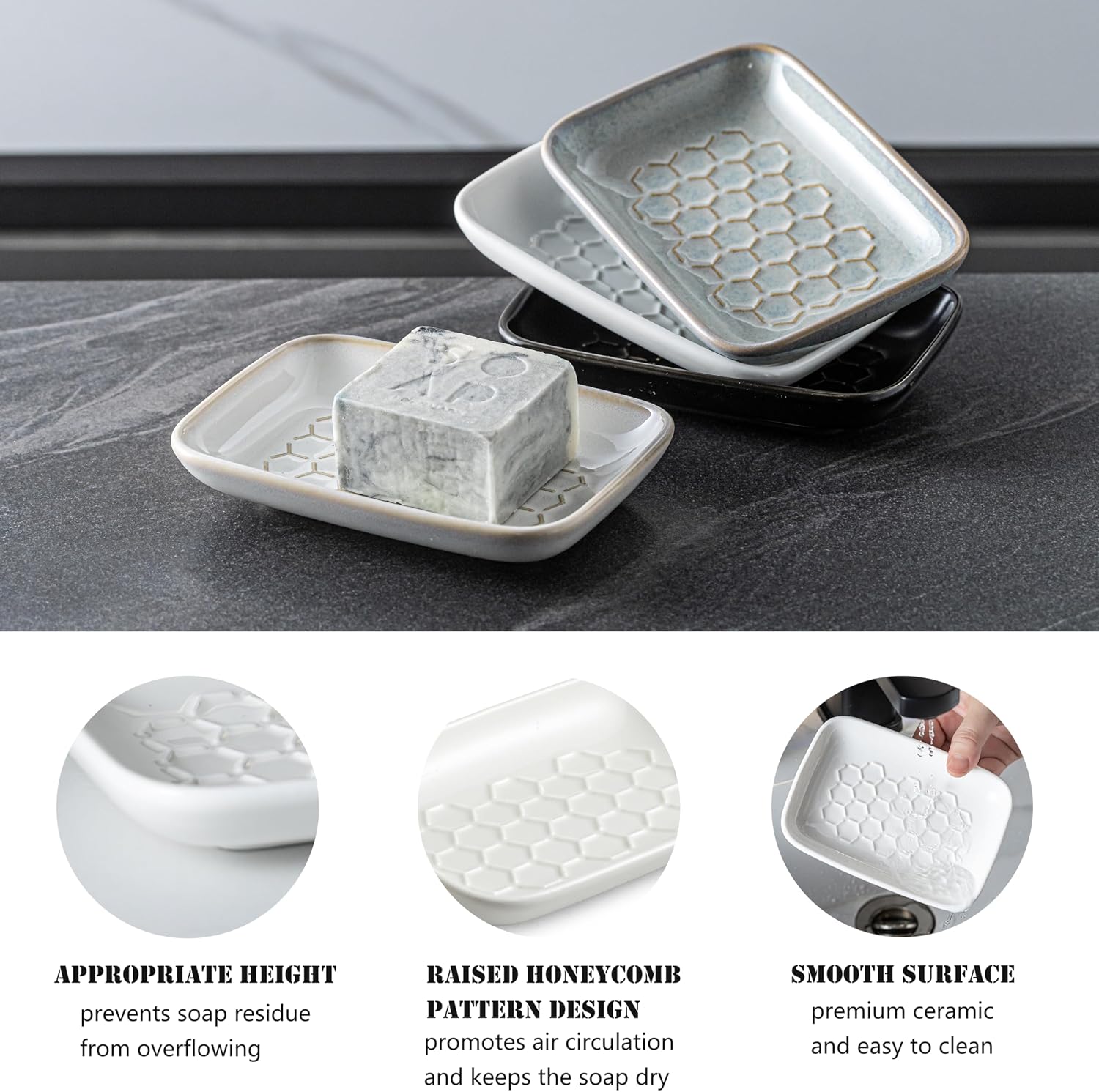 Ceramic Bar Soap Holder / White / Honeycomb