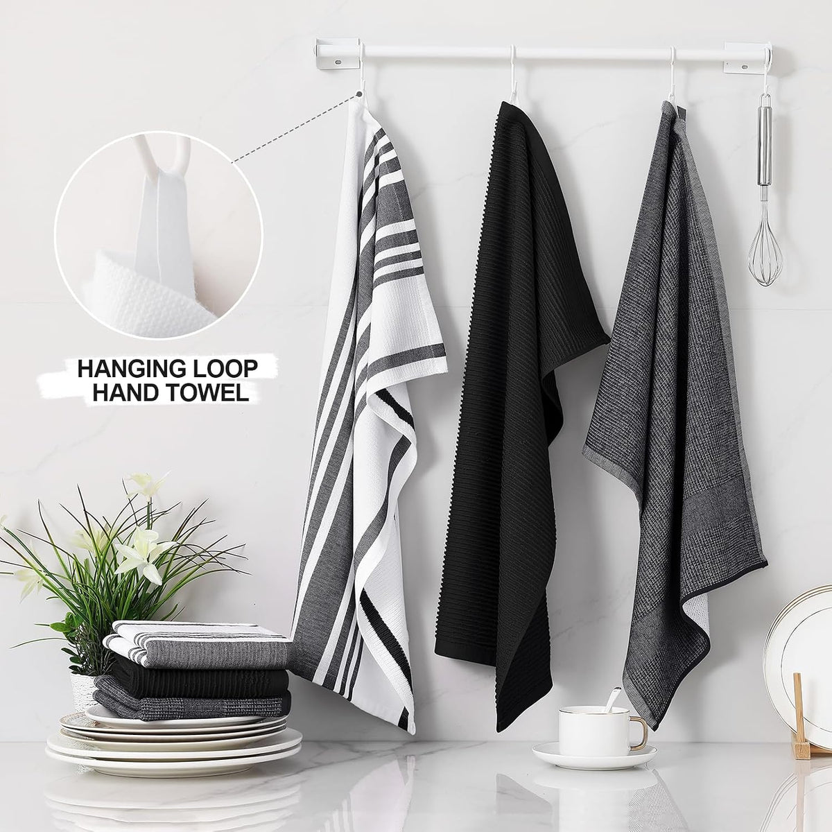 Homaxy Cotton 380 GSM Premium Kitchen Towels, 18"x 28", 9 Pack, Black | Soft and Absorbent Terry Dish Towels